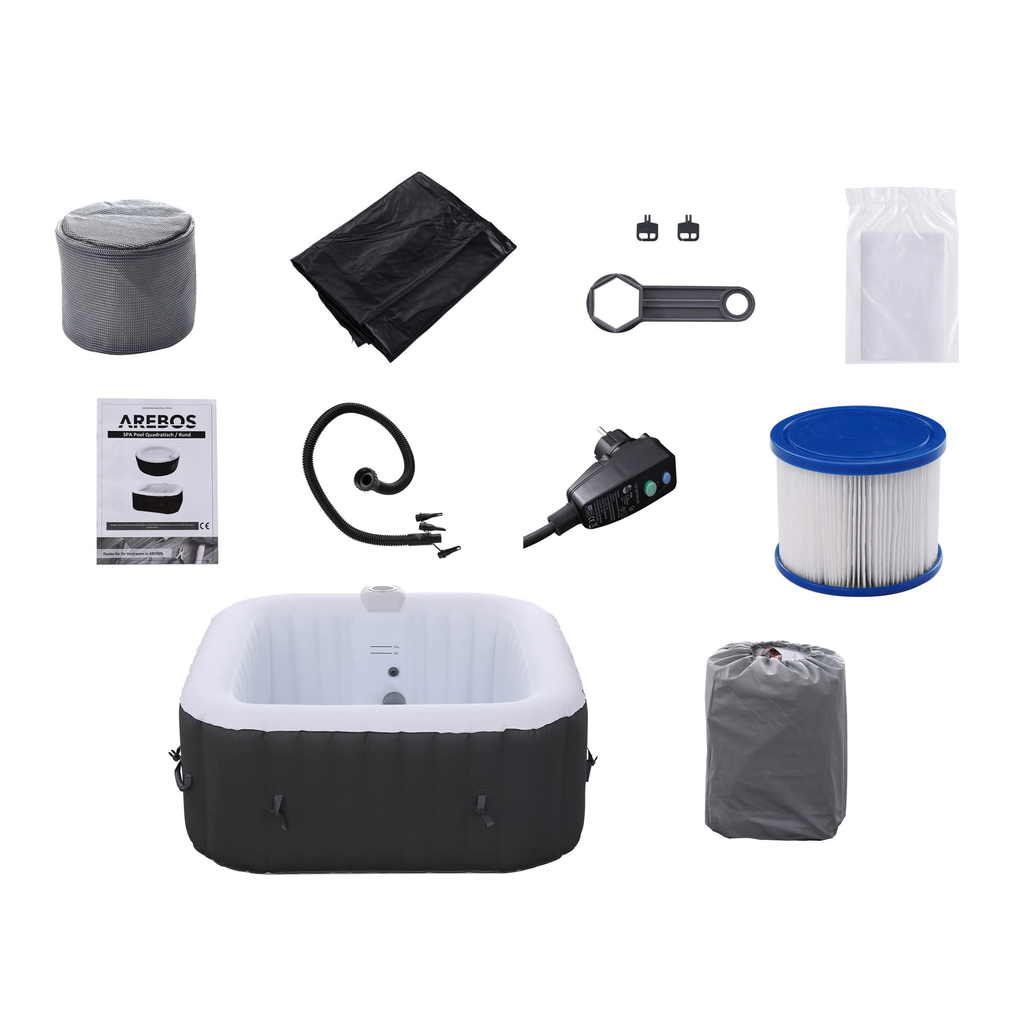 Arebos Aufblasbarer Whirlpool Spa, 4 Personen, 154x154cm, 100 Düsen, 600L, In/Outdoor, Heizung, Wellness Bubble Massage Quadrat