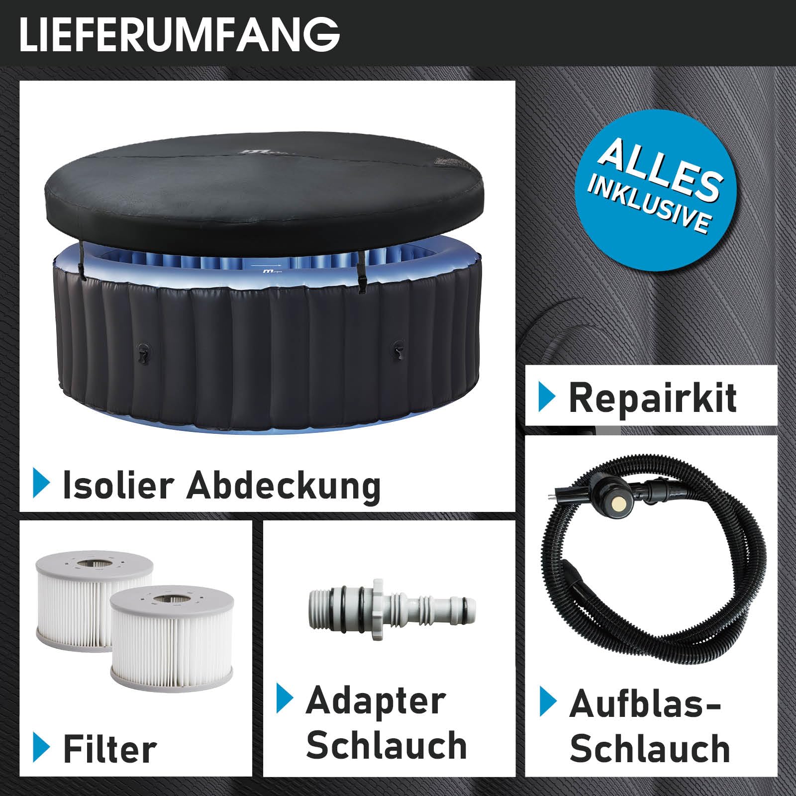 BRAST® Whirlpool MSpa Bergen, aufblasbar, 4–8 Personen, Ø180–224cm, bis 144 Düsen, winterfest, In/Outdoor, Heizung & Energiespar-Timer