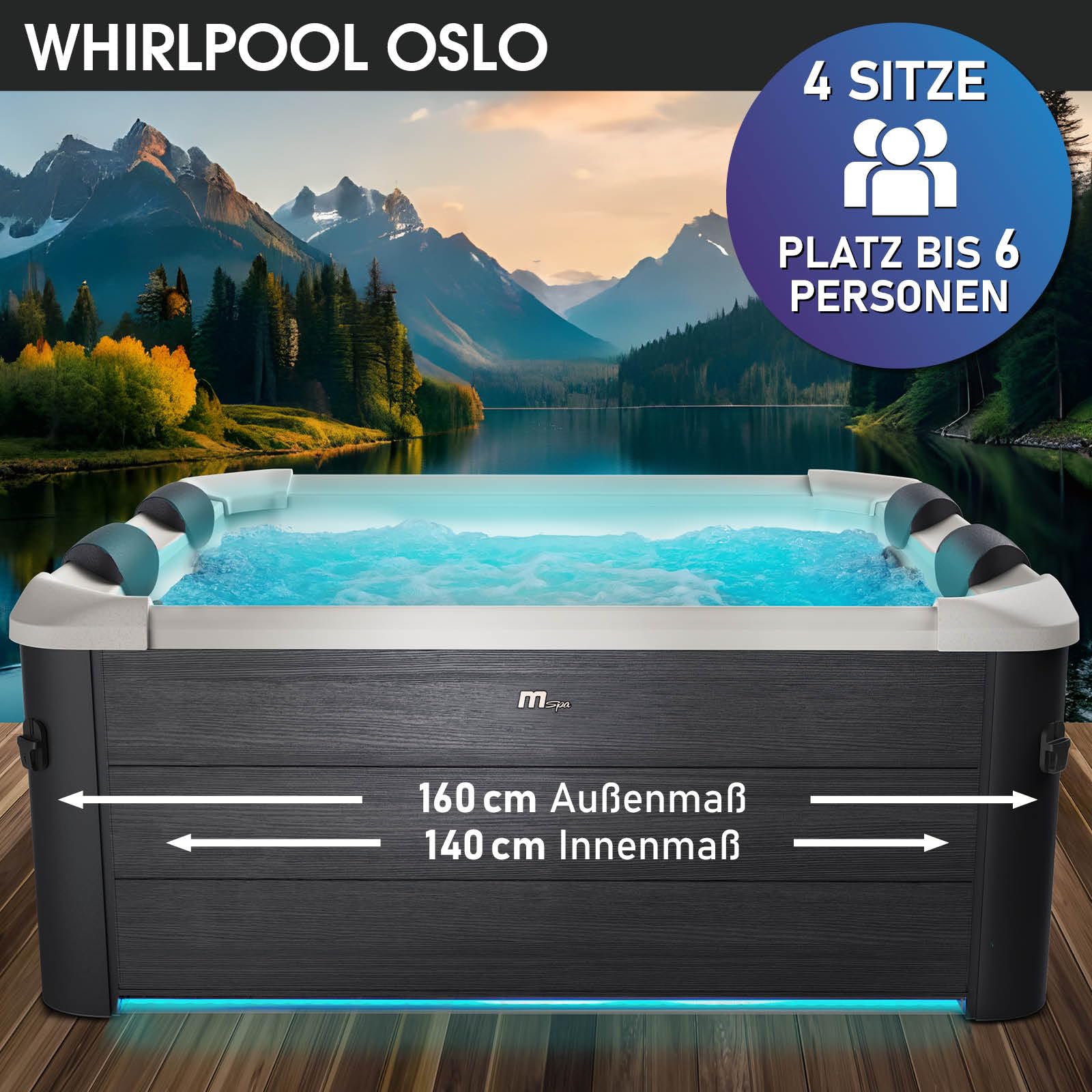 BRAST® Whirlpool MSpa Oslo/Plus XXL, Sapphire & Amber, feste Außenwand, 160–180cm, 6 Personen, LED, winterfest, Ganzjahres-Outdoor-Spa
