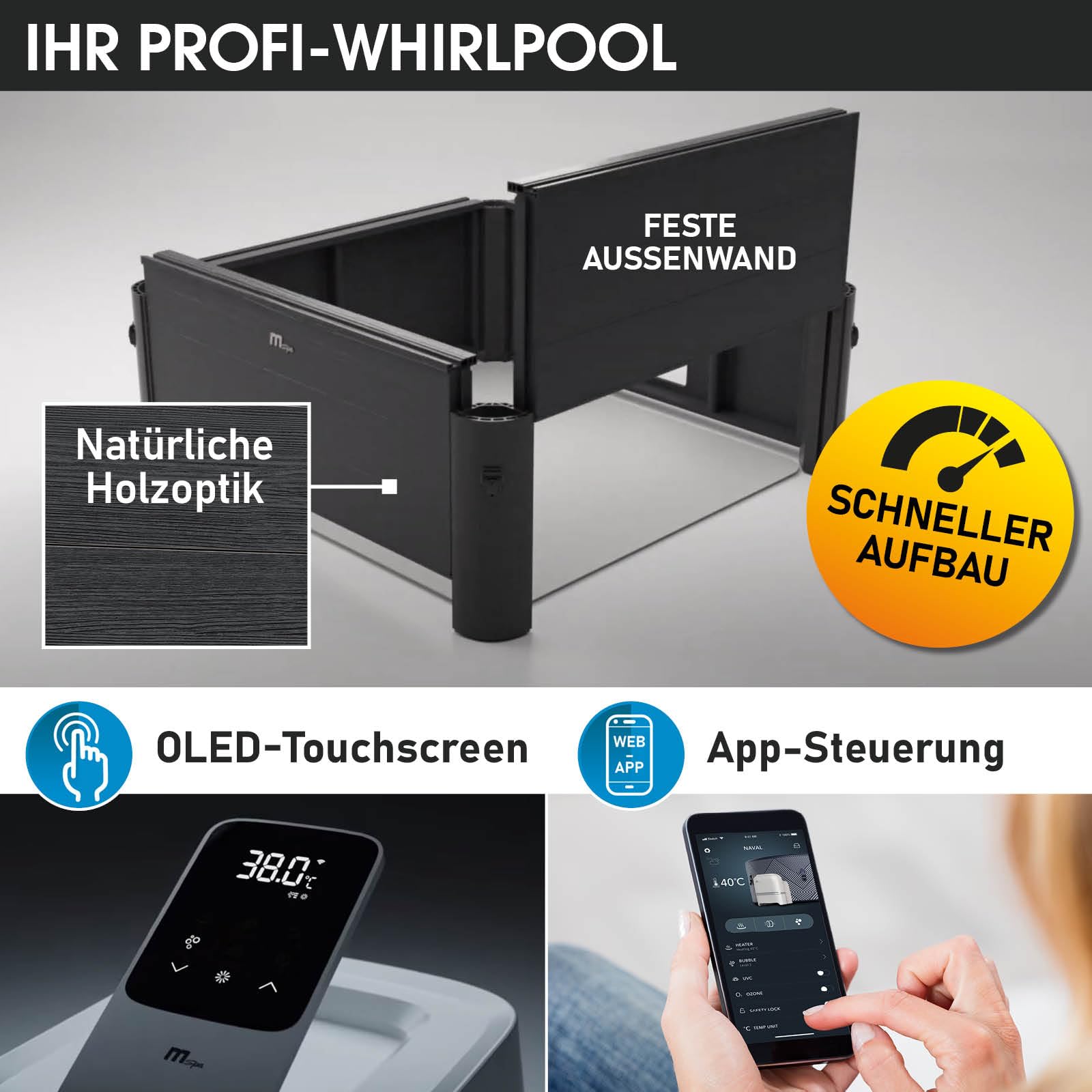BRAST® Whirlpool MSpa Oslo, feste Außenwand, LED 20 Farben, 6 Personen, 160x160x65cm, 120 Massagedüsen, winterfest, Ganzjahres-Spa