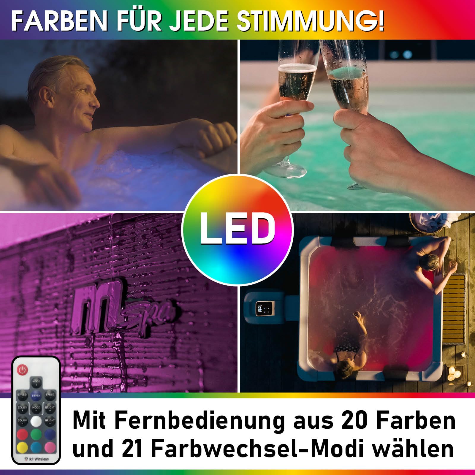 BRAST® Whirlpool MSpa Oslo, feste Außenwand, LED 20 Farben, 6 Personen, 160x160x65cm, 120 Massagedüsen, winterfest, Ganzjahres-Spa