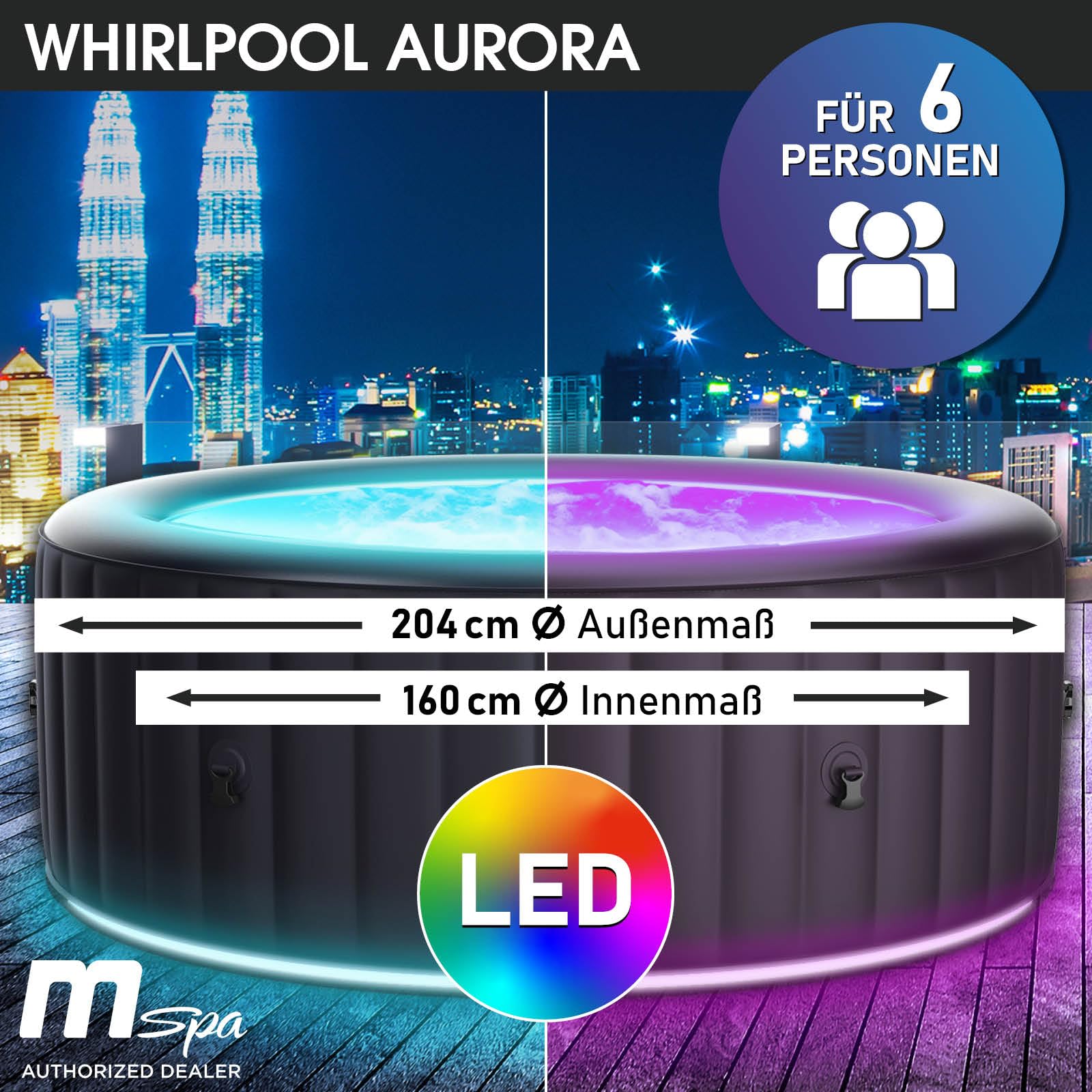 BRAST® Whirlpool MSpa Aurora 6 Personen, Ø204x70cm, LED-Beleuchtung, 138 Massagedüsen, In/Outdoor Pool, Heizung, Energiespar-Timer