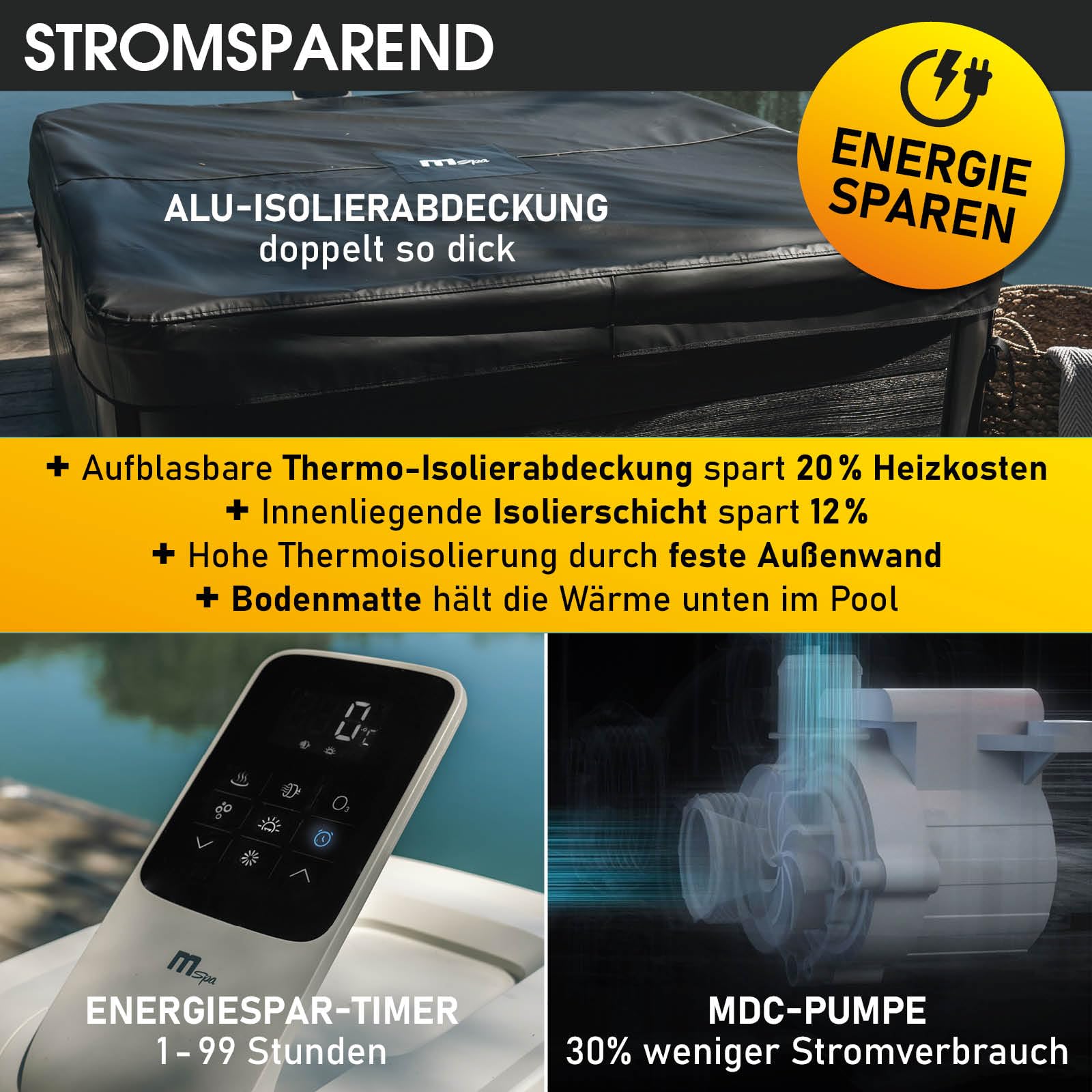 BRAST® Whirlpool MSpa Oslo, feste Außenwand, LED 20 Farben, 6 Personen, 160x160x65cm, 120 Massagedüsen, winterfest, Ganzjahres-Spa