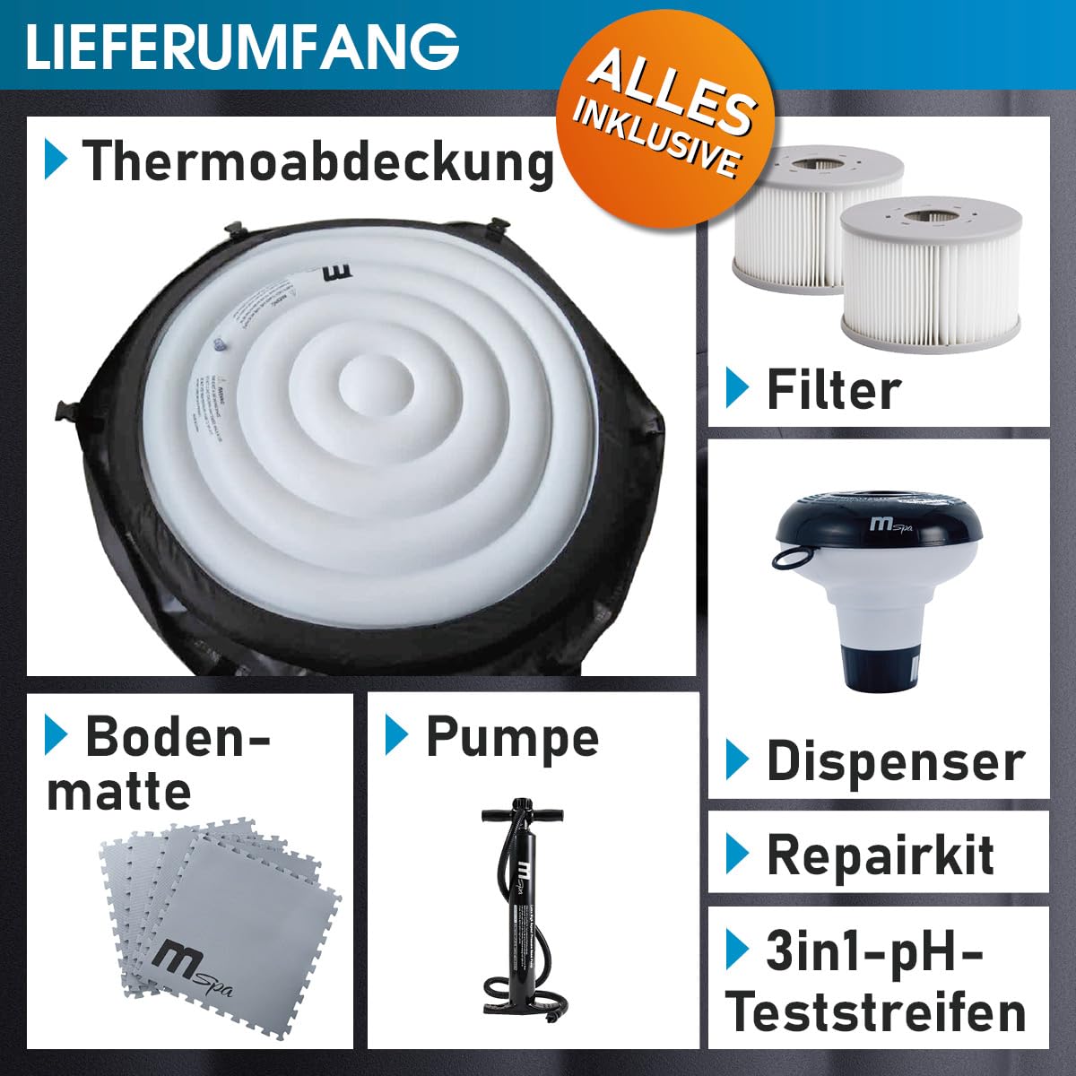 BRAST® Whirlpool MSpa Duet, aufblasbar, 4–8 Personen, rund & eckig, Ø125–224cm, 144 Düsen, In/Outdoor, Heizung, Abdeckung, Timer