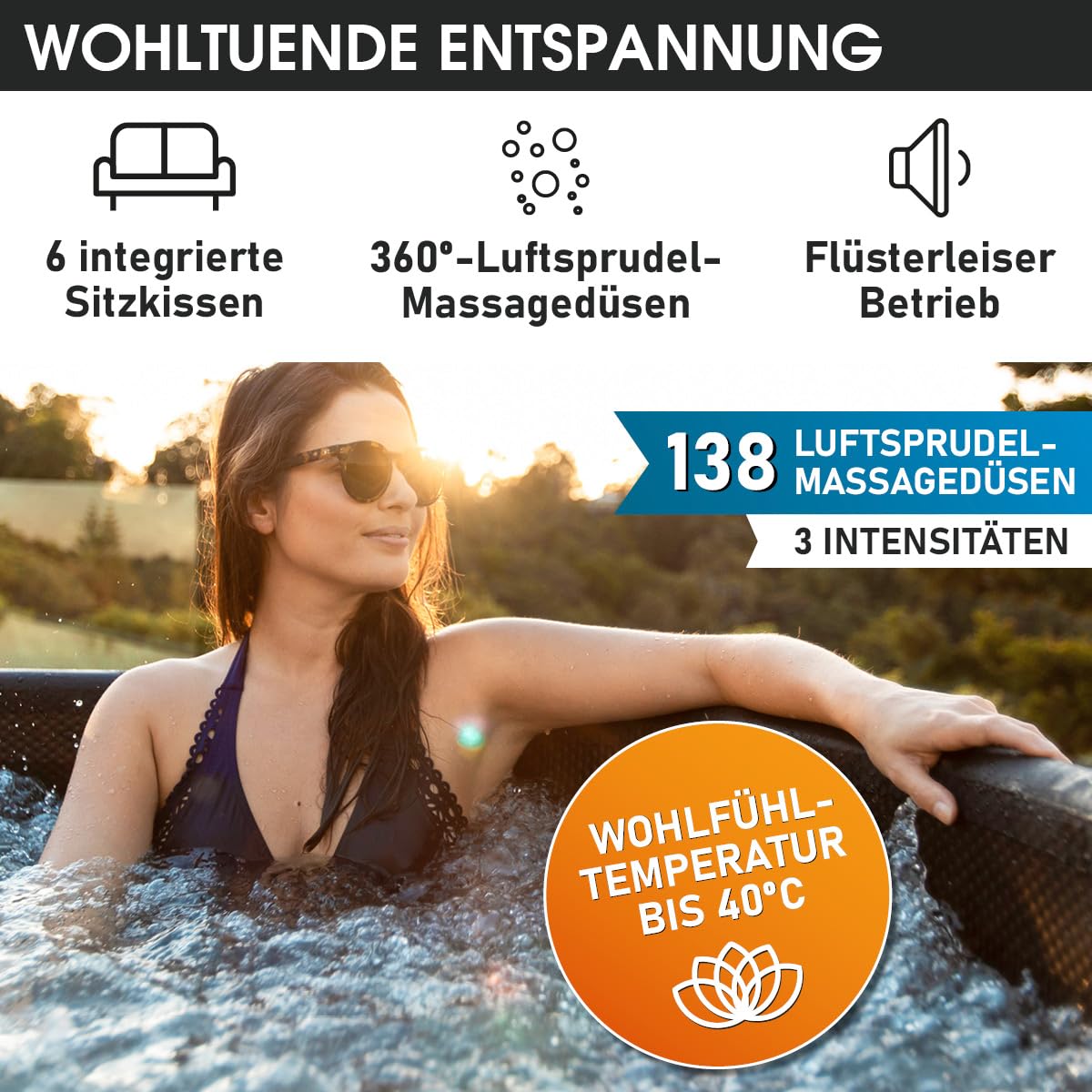 BRAST® Whirlpool MSpa Duet, aufblasbar, 4–8 Personen, rund & eckig, Ø125–224cm, 144 Düsen, In/Outdoor, Heizung, Abdeckung, Timer