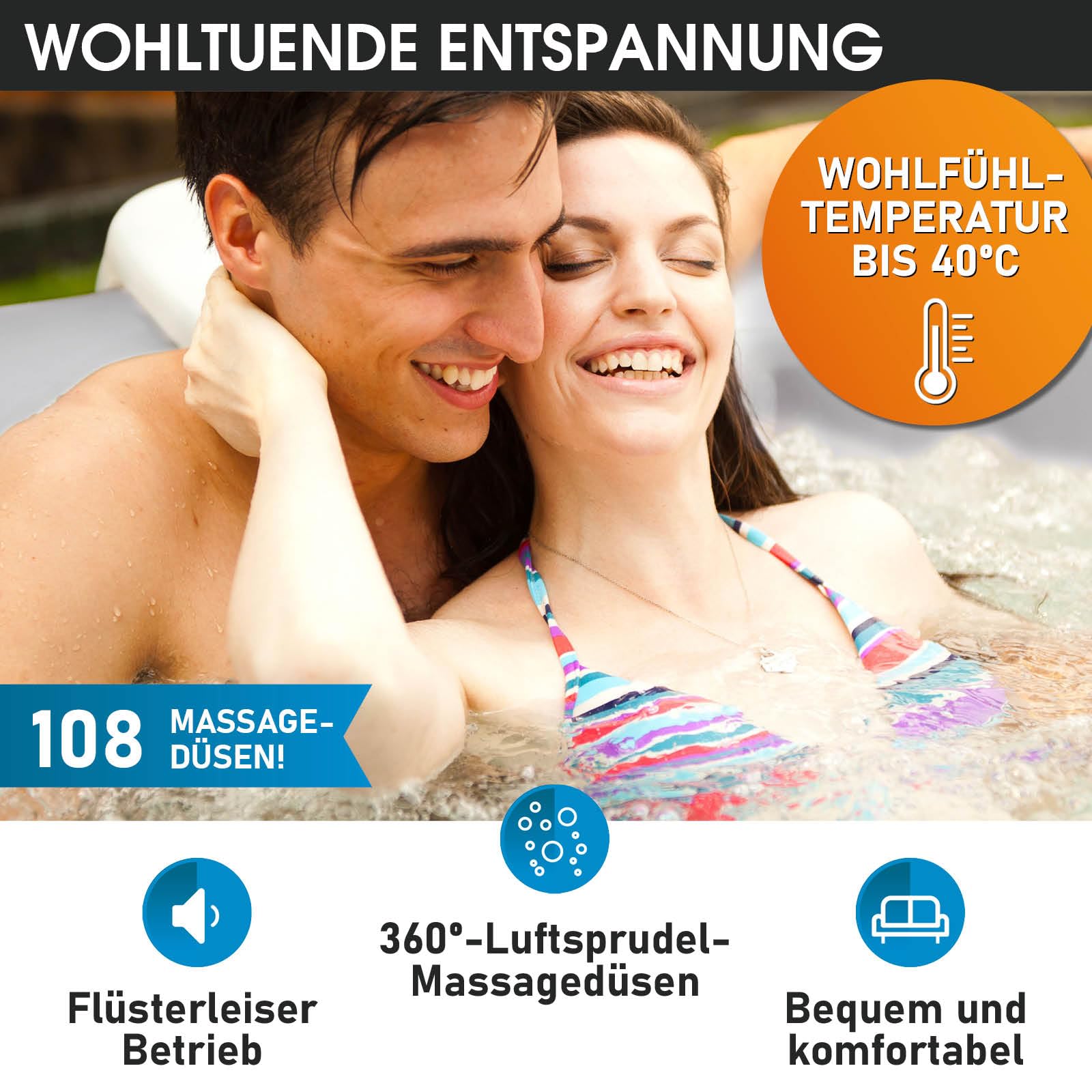 BRAST® Whirlpool MSpa Tekapo 4 Personen, 158x158cm, 108 Massagedüsen, In/Outdoor, Heizung, Aufblasfunktion, Energiespar-Timer
