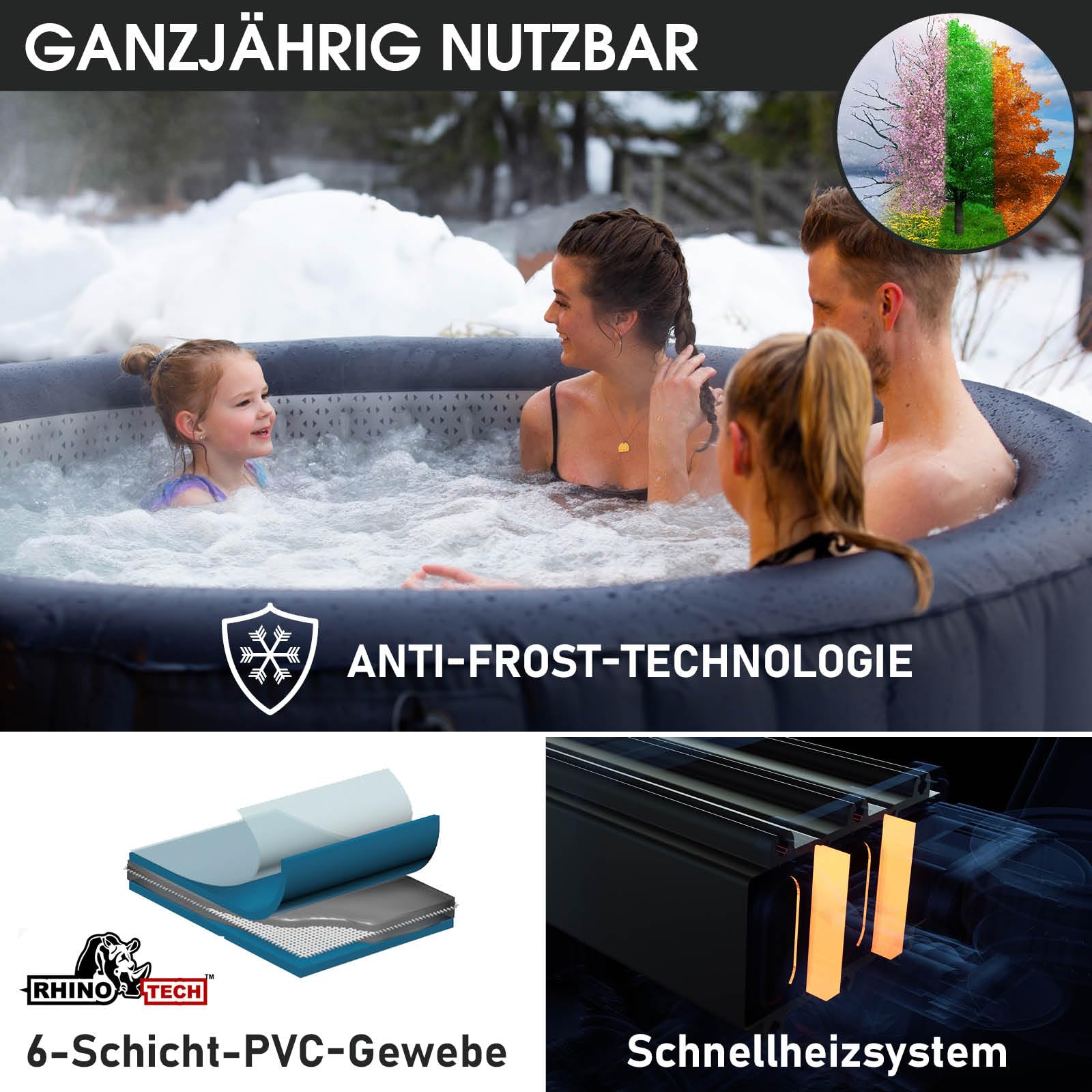 BRAST® Whirlpool MSpa Aurora 6 Personen, Ø204x70cm, LED-Beleuchtung, 138 Massagedüsen, In/Outdoor Pool, Heizung, Energiespar-Timer