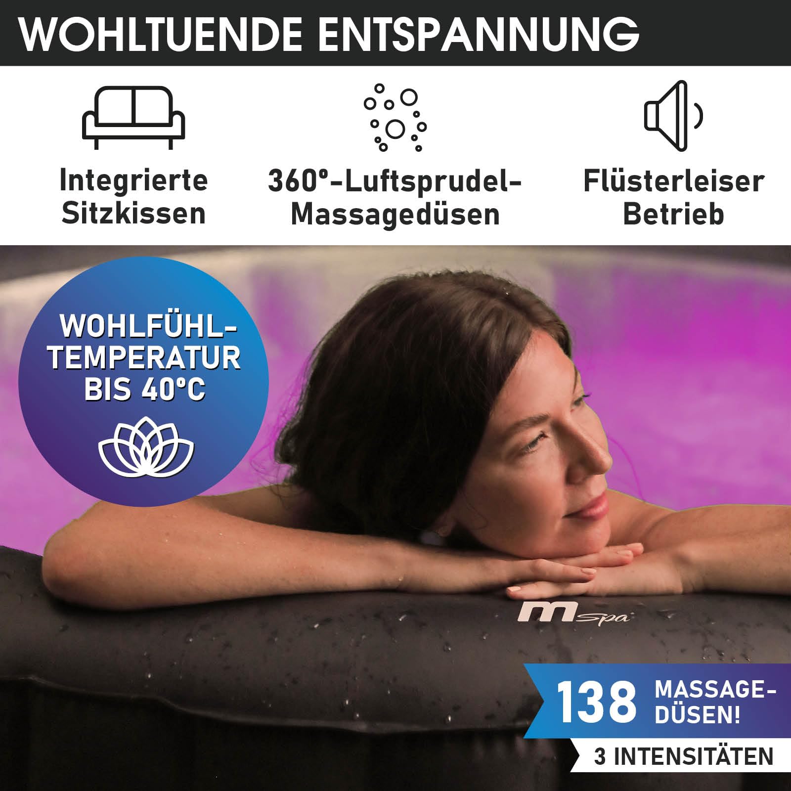 BRAST® Whirlpool MSpa Aurora 6 Personen, Ø204x70cm, LED-Beleuchtung, 138 Massagedüsen, In/Outdoor Pool, Heizung, Energiespar-Timer