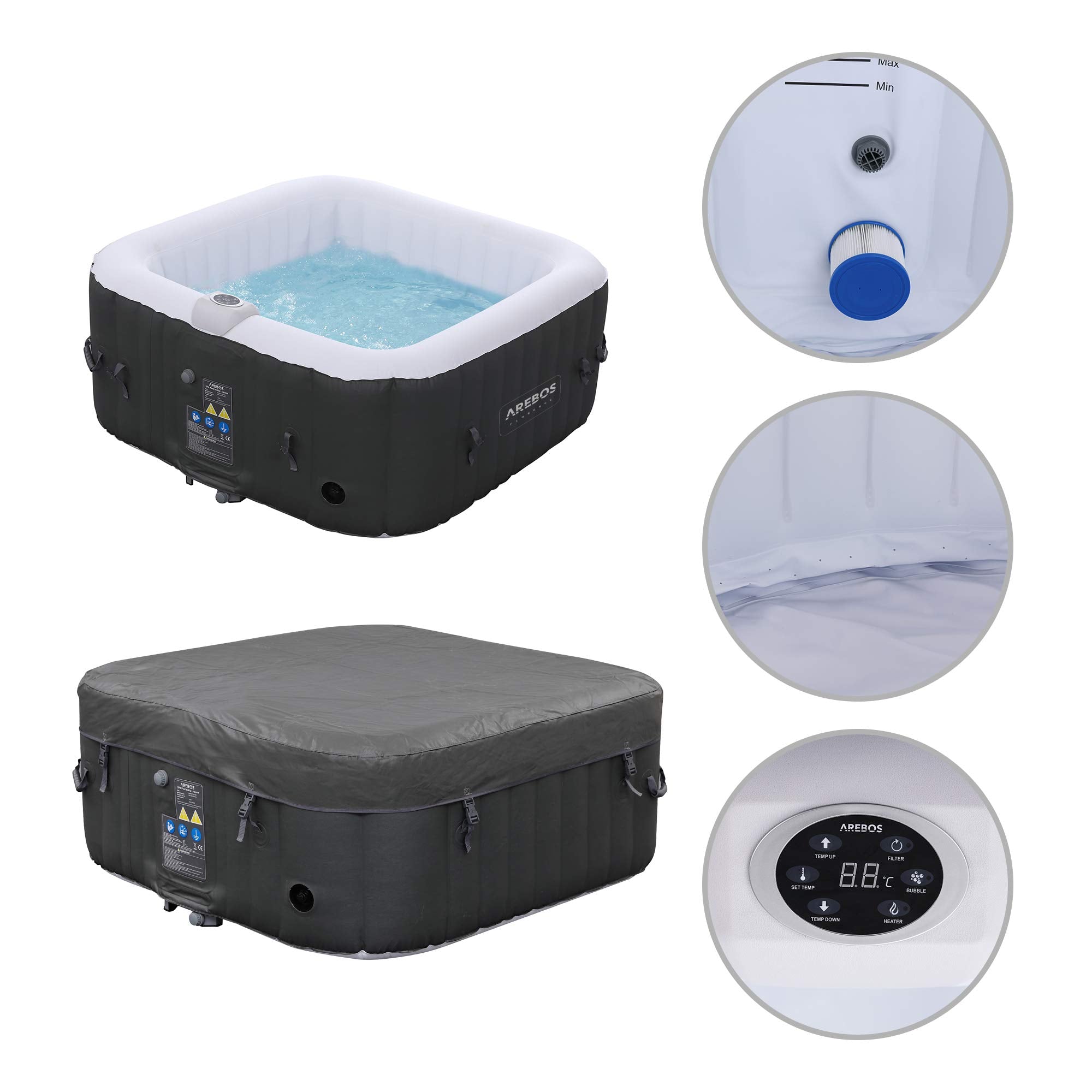 Arebos Aufblasbarer Whirlpool Spa, 4 Personen, 154x154cm, 100 Düsen, 600L, In/Outdoor, Heizung, Wellness Bubble Massage Quadrat