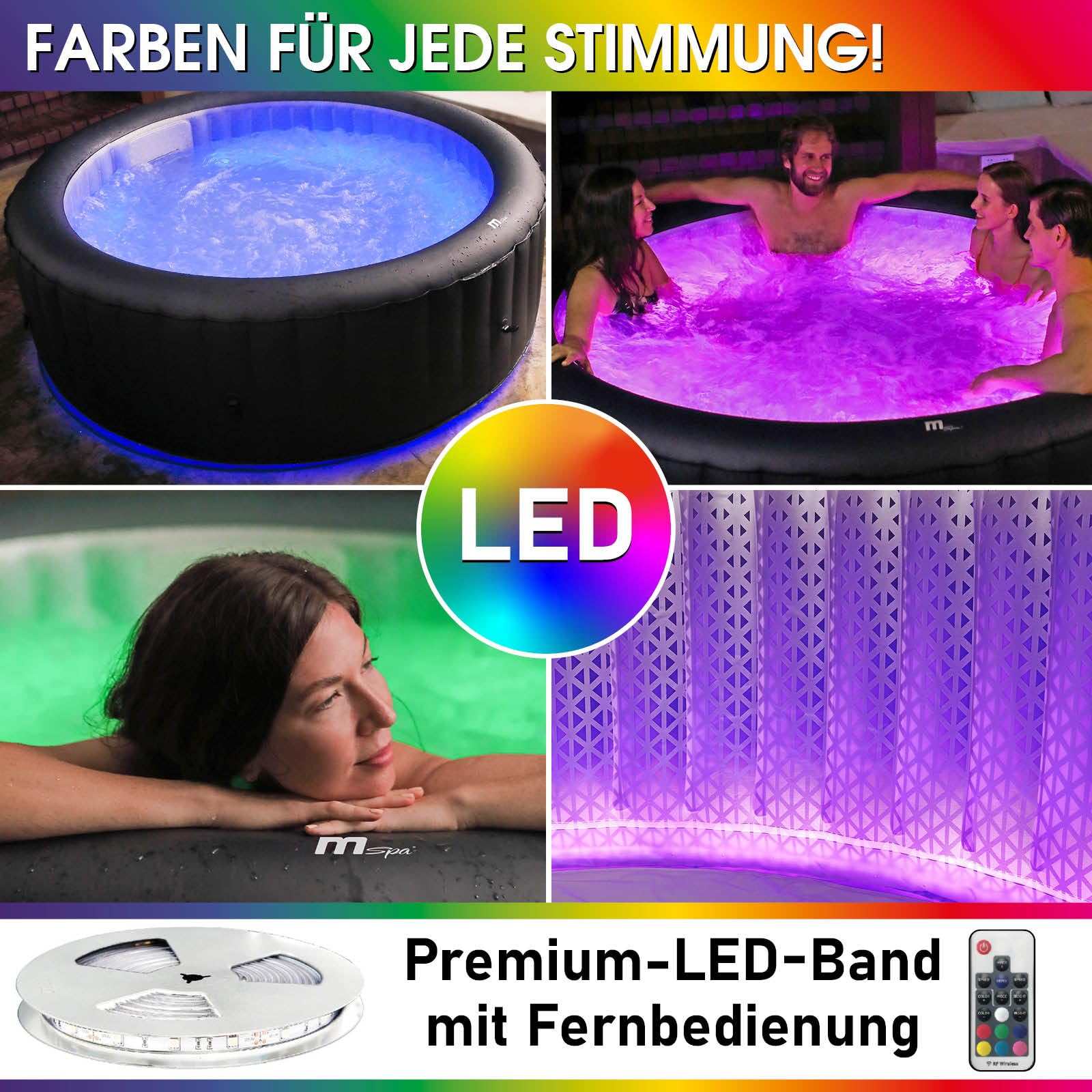 BRAST® Whirlpool MSpa Aurora 6 Personen, Ø204x70cm, LED-Beleuchtung, 138 Massagedüsen, In/Outdoor Pool, Heizung, Energiespar-Timer