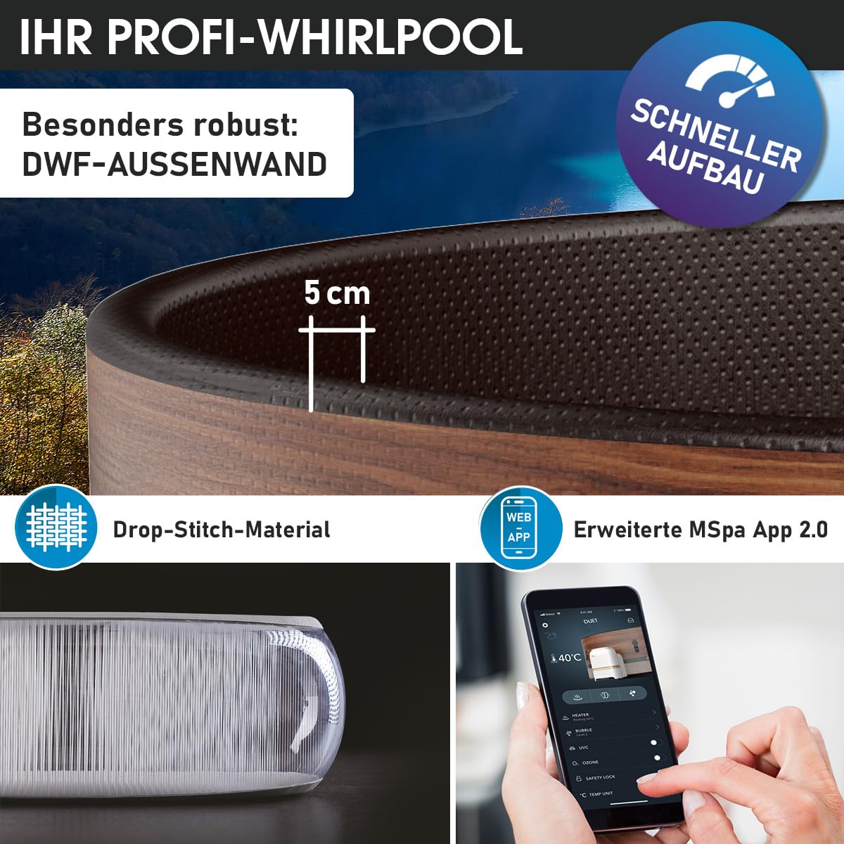 BRAST® Whirlpool MSpa Duet, aufblasbar, 4–8 Personen, rund & eckig, Ø125–224cm, 144 Düsen, In/Outdoor, Heizung, Abdeckung, Timer