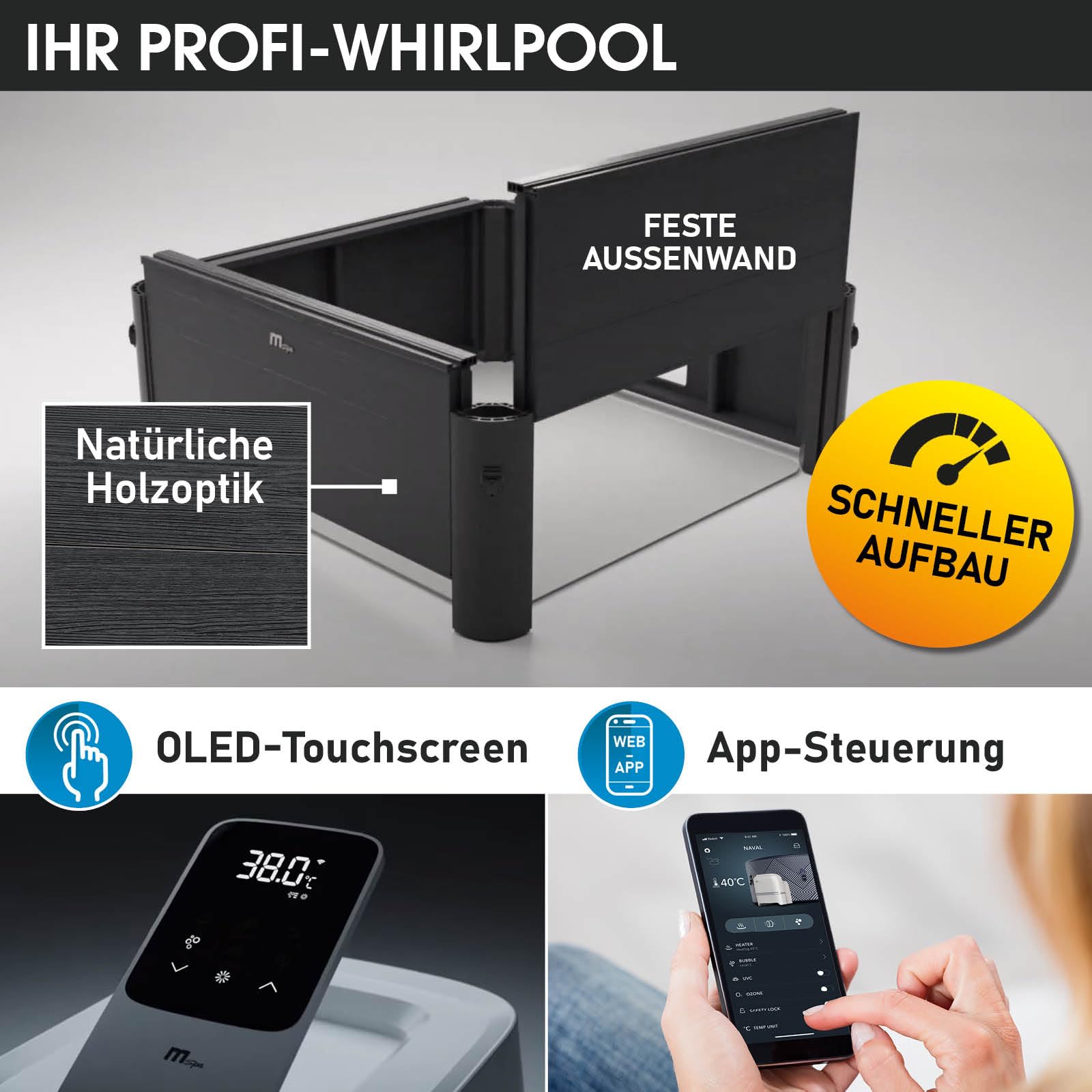 BRAST® Whirlpool MSpa Oslo/Plus XXL, Sapphire & Amber, feste Außenwand, 160–180cm, 6 Personen, LED, winterfest, Ganzjahres-Outdoor-Spa