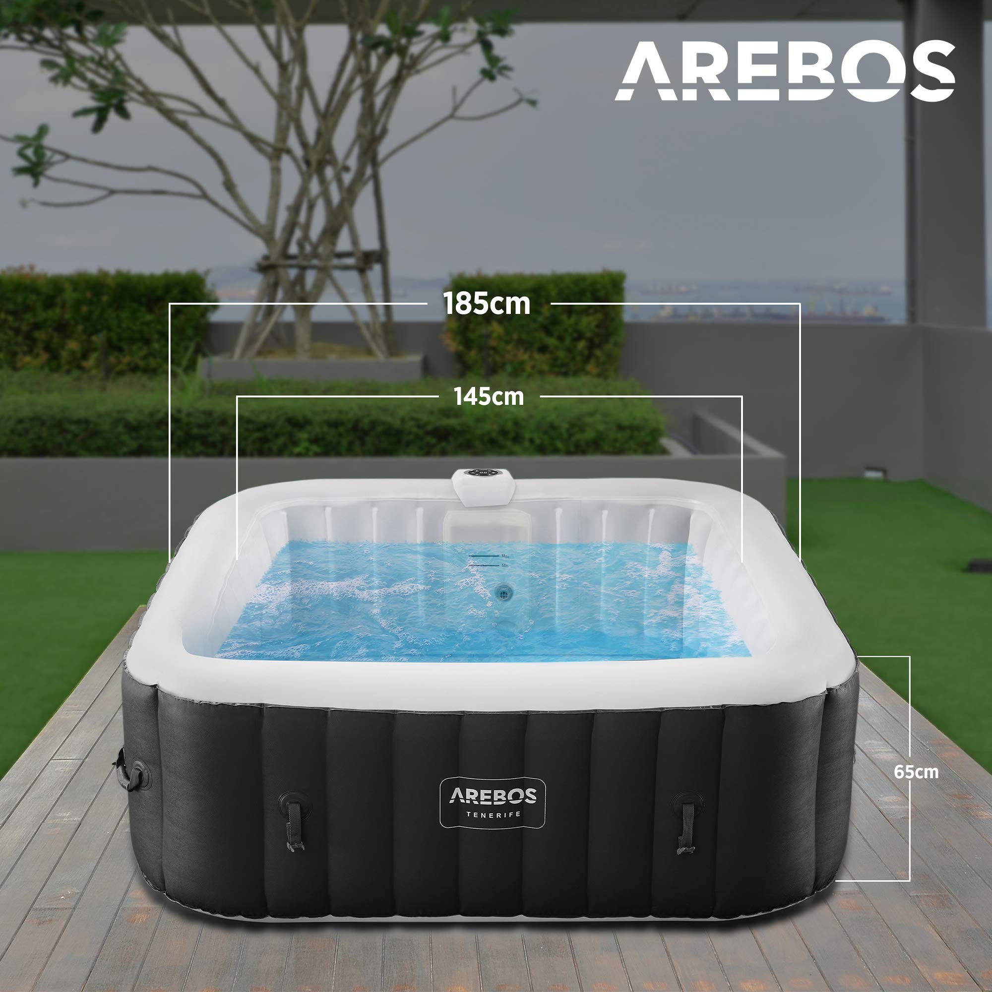 Arebos Whirlpool Spa 2400W, aufblasbar, 6 Personen, 185x185cm, 130 Düsen, LED, Heizung, 910L, In/Outdoor, inkl. Abdeckung, Wellness