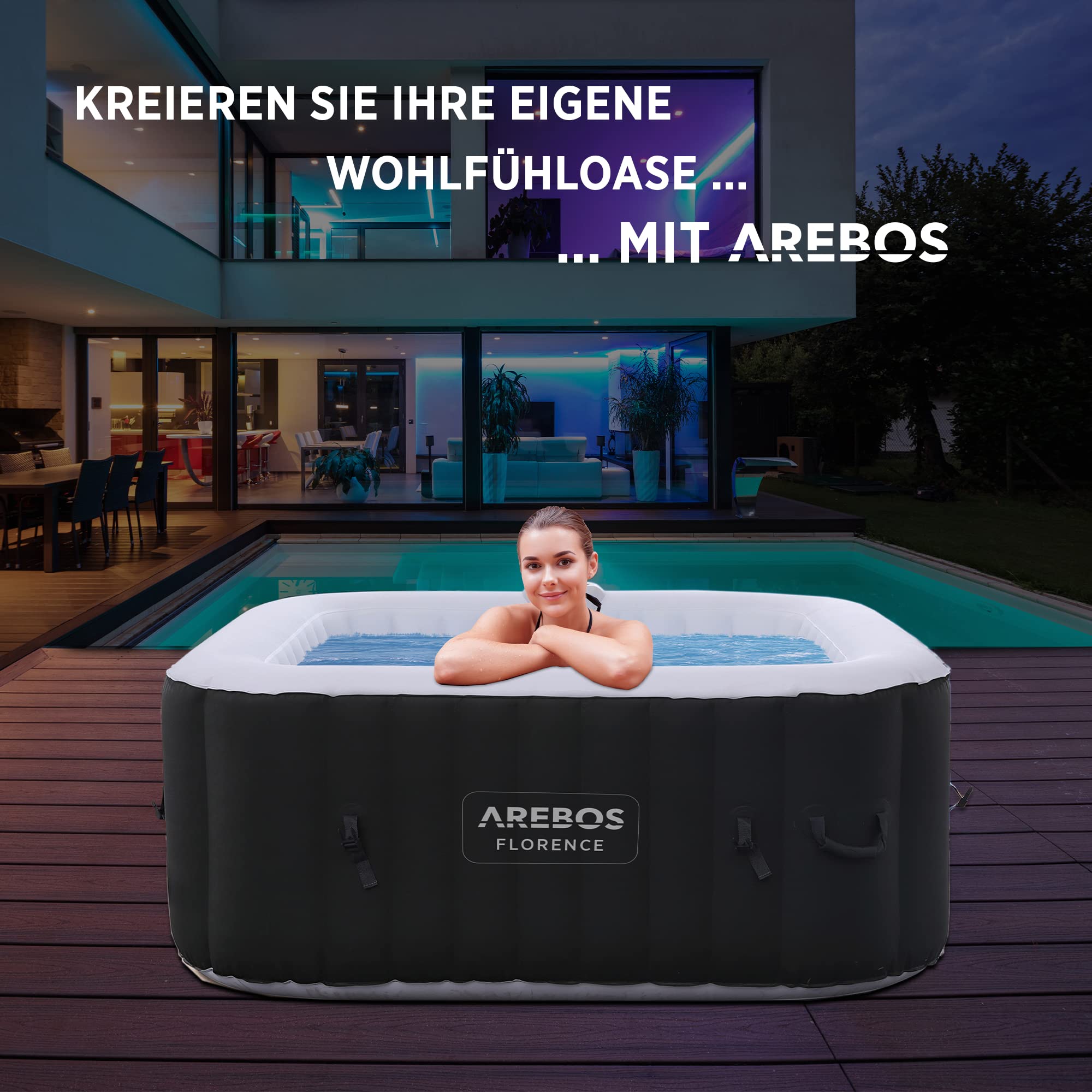 Arebos Aufblasbarer Whirlpool Spa, 4 Personen, 154x154cm, 100 Düsen, 600L, In/Outdoor, Heizung, Wellness Bubble Massage Quadrat