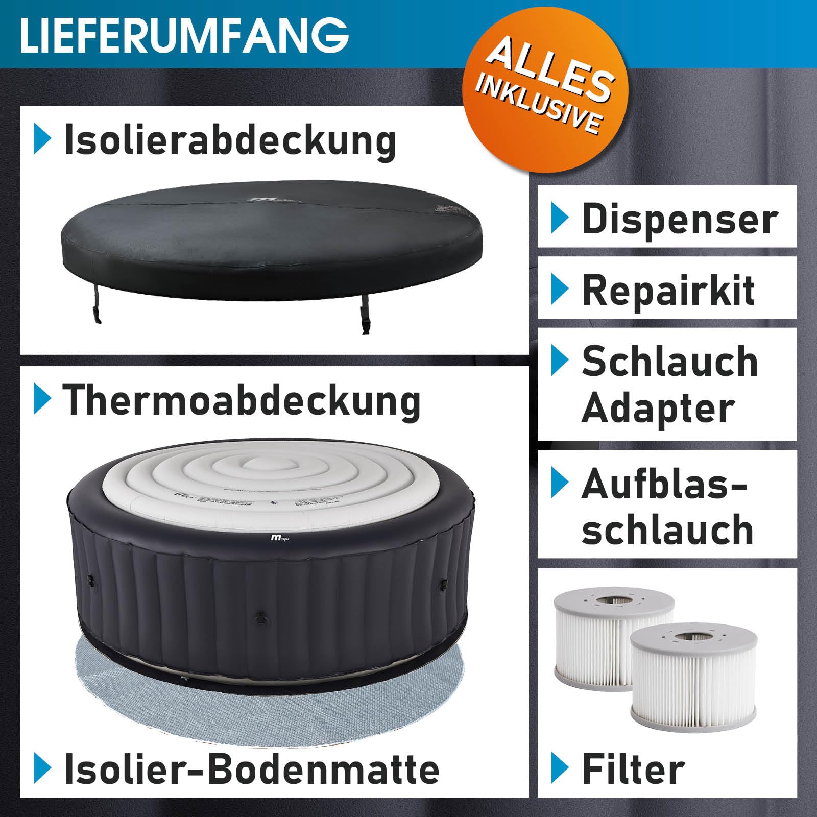 BRAST® Whirlpool MSpa Aurora 6 Personen, Ø204x70cm, LED-Beleuchtung, 138 Massagedüsen, In/Outdoor Pool, Heizung, Energiespar-Timer