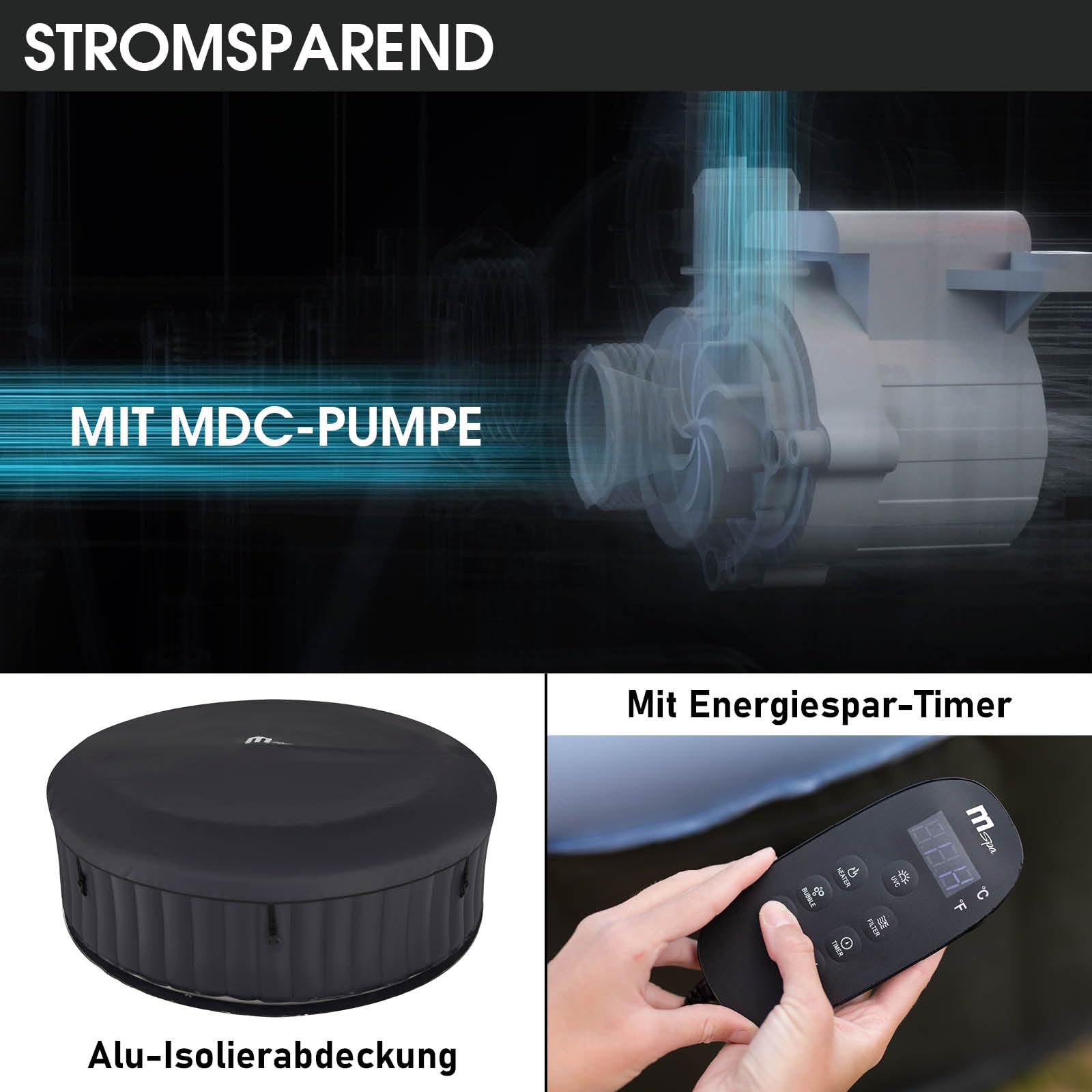 BRAST® Whirlpool MSpa Bergen, aufblasbar, 4–8 Personen, Ø180–224cm, bis 144 Düsen, winterfest, In/Outdoor, Heizung & Energiespar-Timer