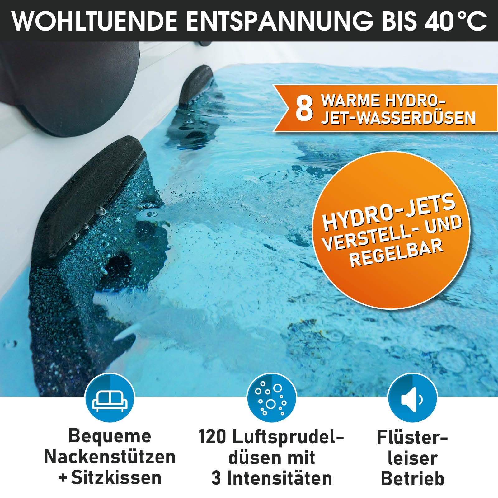 BRAST® Whirlpool MSpa Oslo/Plus XXL, Sapphire & Amber, feste Außenwand, 160–180cm, 6 Personen, LED, winterfest, Ganzjahres-Outdoor-Spa