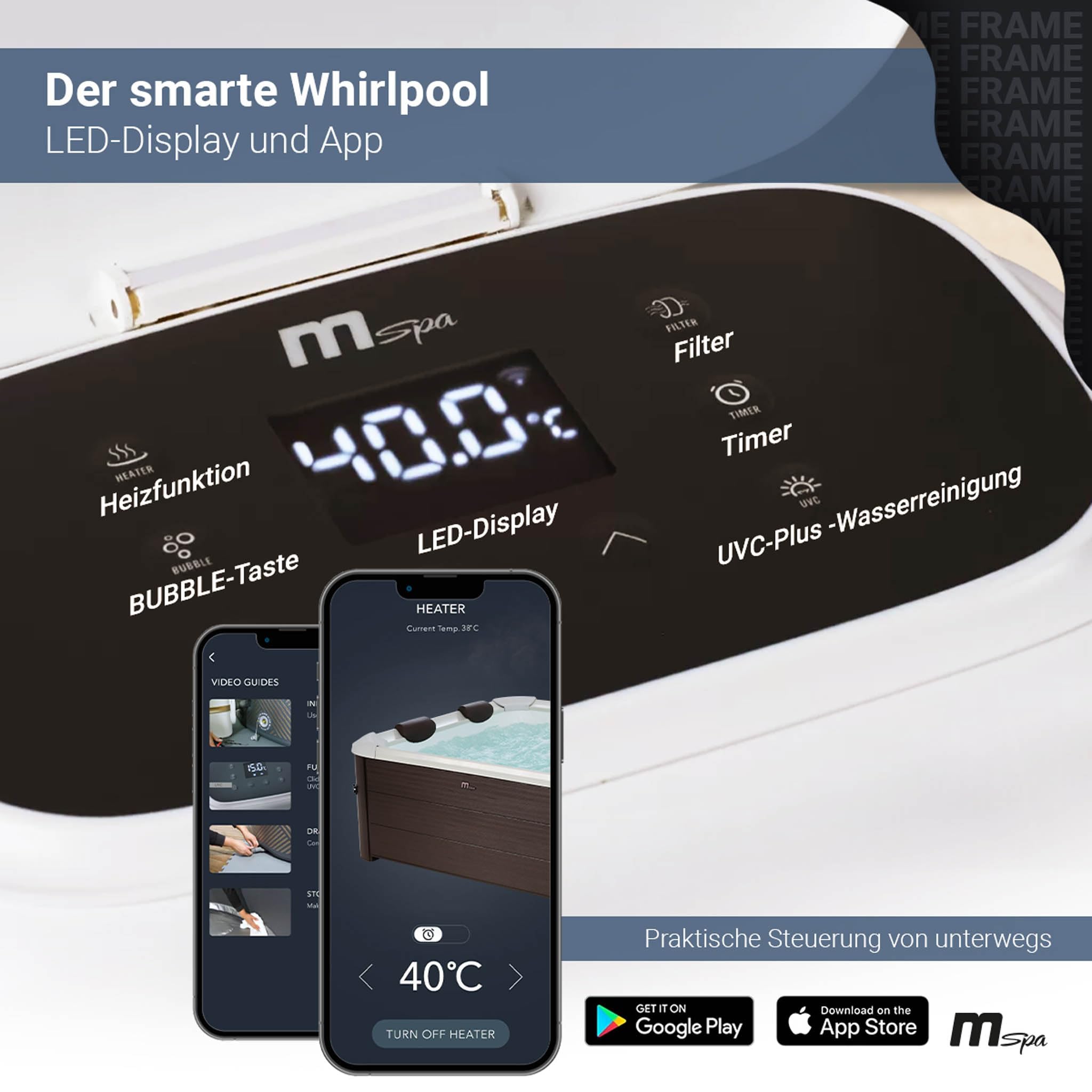 Miweba Whirlpool MSpa Tribeca, feste Außenwand, 6 Personen, 160x160x65cm, 120 Düsen, App-Steuerung, winterfest, In/Outdoor Aufstellpool