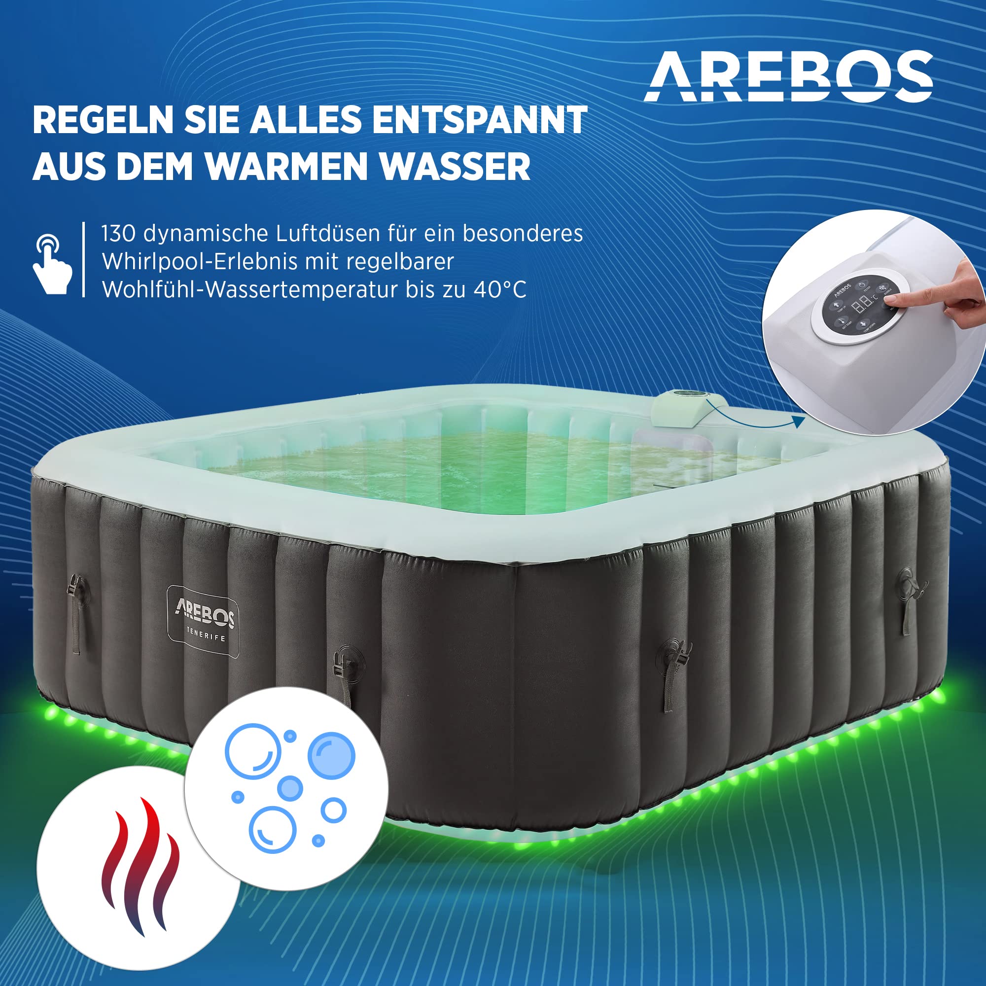 Arebos Whirlpool Spa 2400W, aufblasbar, 6 Personen, 185x185cm, 130 Düsen, LED, Heizung, 910L, In/Outdoor, inkl. Abdeckung, Wellness