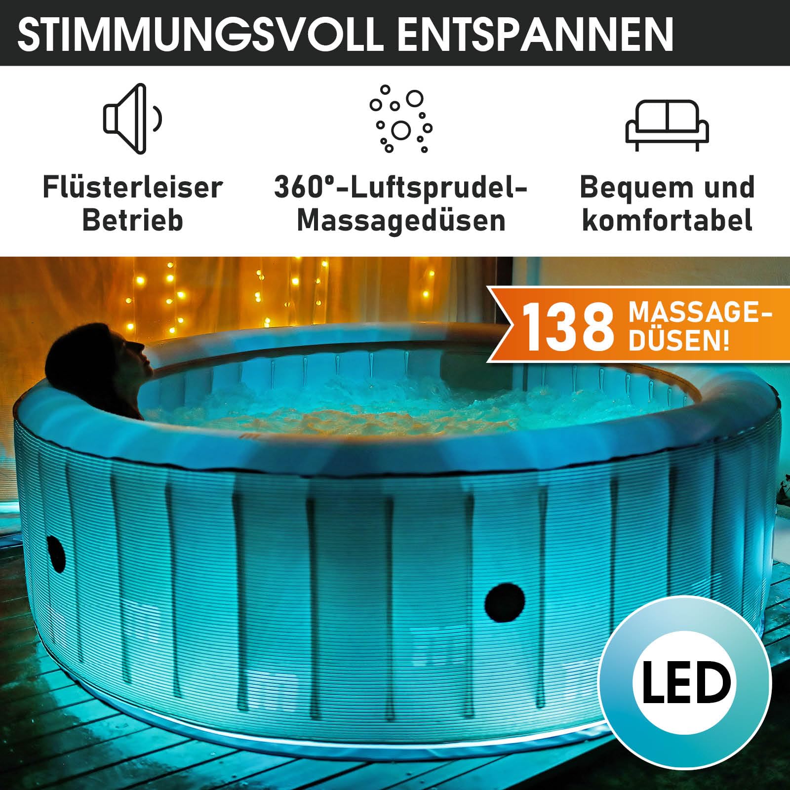BRAST® Whirlpool MSpa Starry 6 Personen, Ø204x70cm, LED-Beleuchtung, 138 Massagedüsen, Heizung, Energiespar-Timer, Wellness Bubble Spa