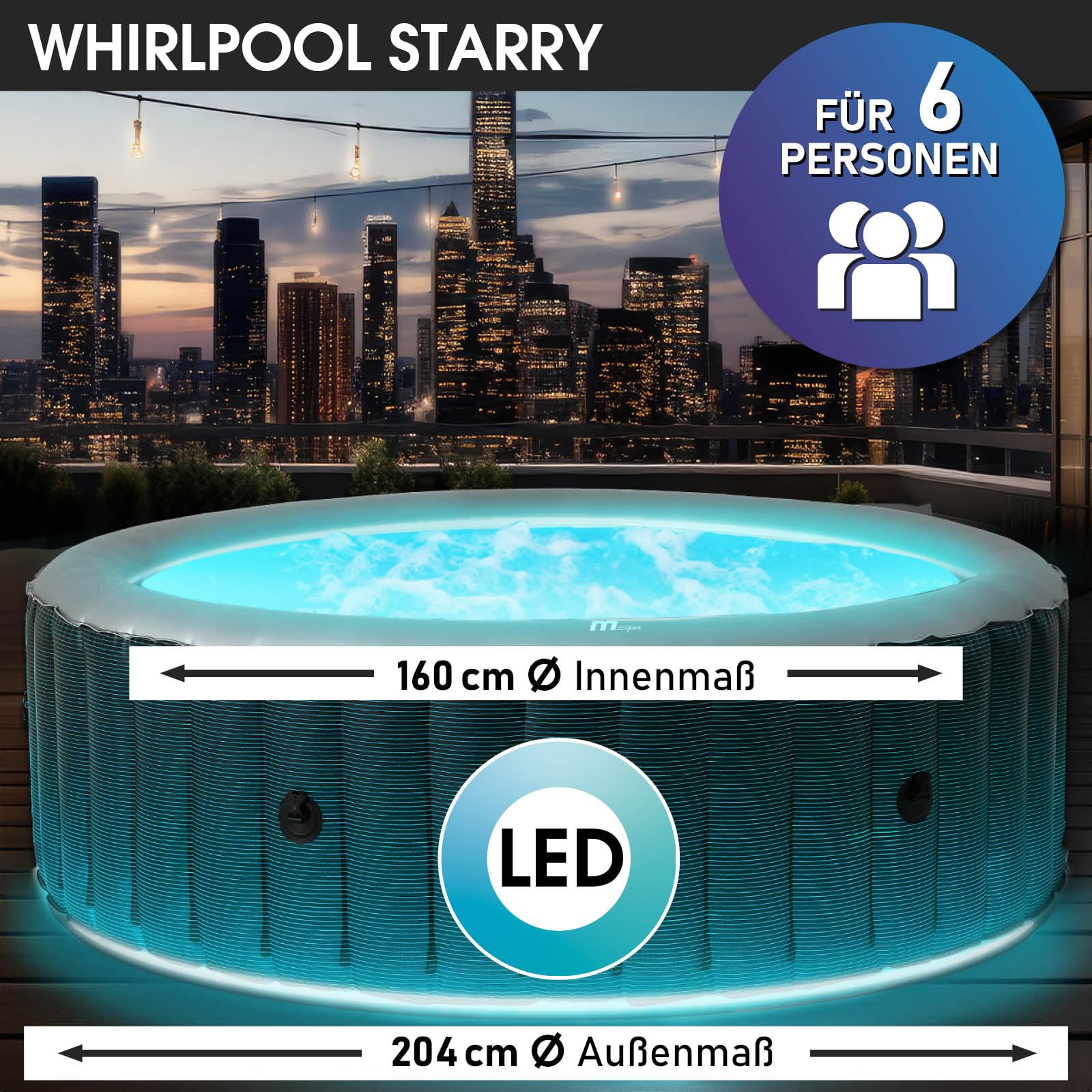 BRAST® Whirlpool MSpa Starry 6 Personen, Ø204x70cm, LED-Beleuchtung, 138 Massagedüsen, Heizung, Energiespar-Timer, Wellness Bubble Spa