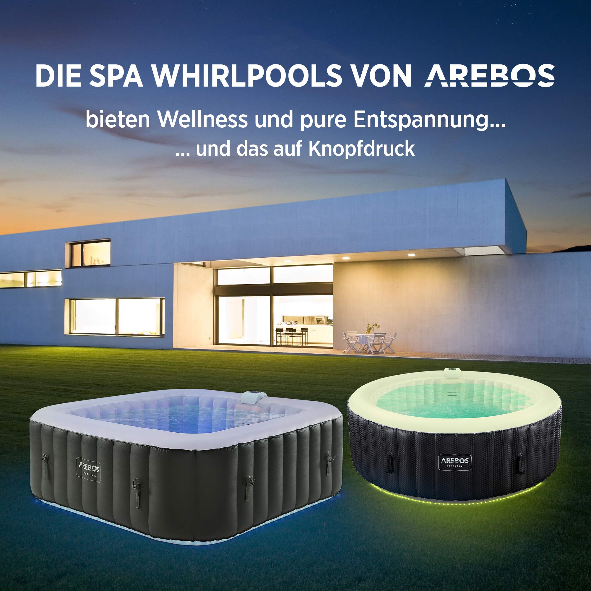 Arebos Whirlpool Spa 2400W, aufblasbar, 6 Personen, 185x185cm, 130 Düsen, LED, Heizung, 910L, In/Outdoor, inkl. Abdeckung, Wellness