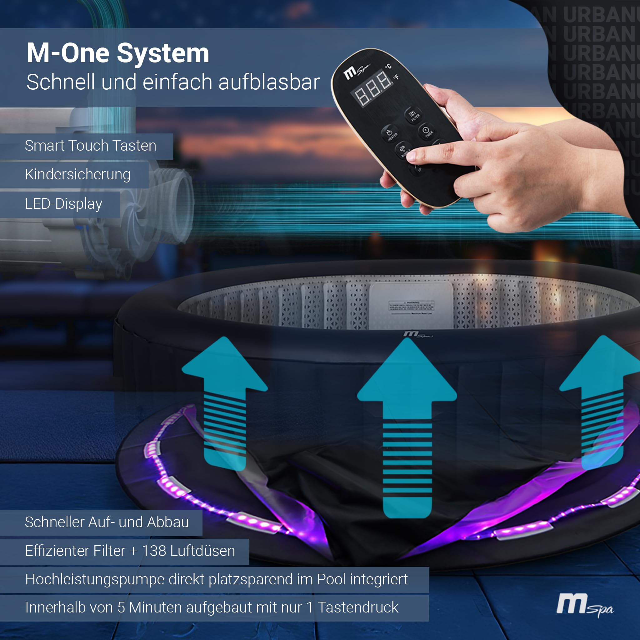 Miweba MSpa Aurora Whirlpool 6 Personen, ร204cm, LED-Beleuchtung, UVC+ Reinigung, Fernbedienung, In/Outdoor Aufstellpool, Hot Tub