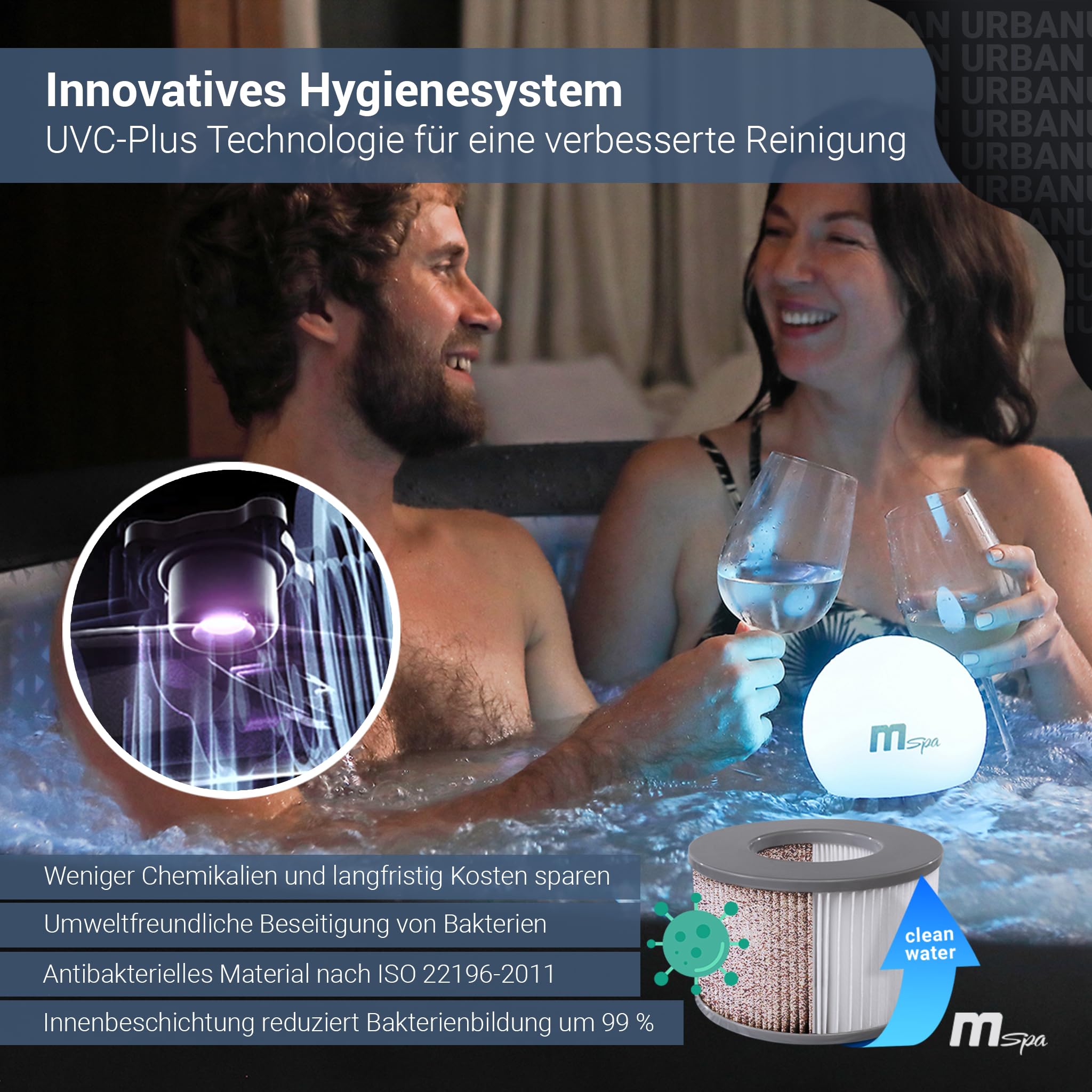 Miweba MSpa Aurora Whirlpool 6 Personen, ร204cm, LED-Beleuchtung, UVC+ Reinigung, Fernbedienung, In/Outdoor Aufstellpool, Hot Tub