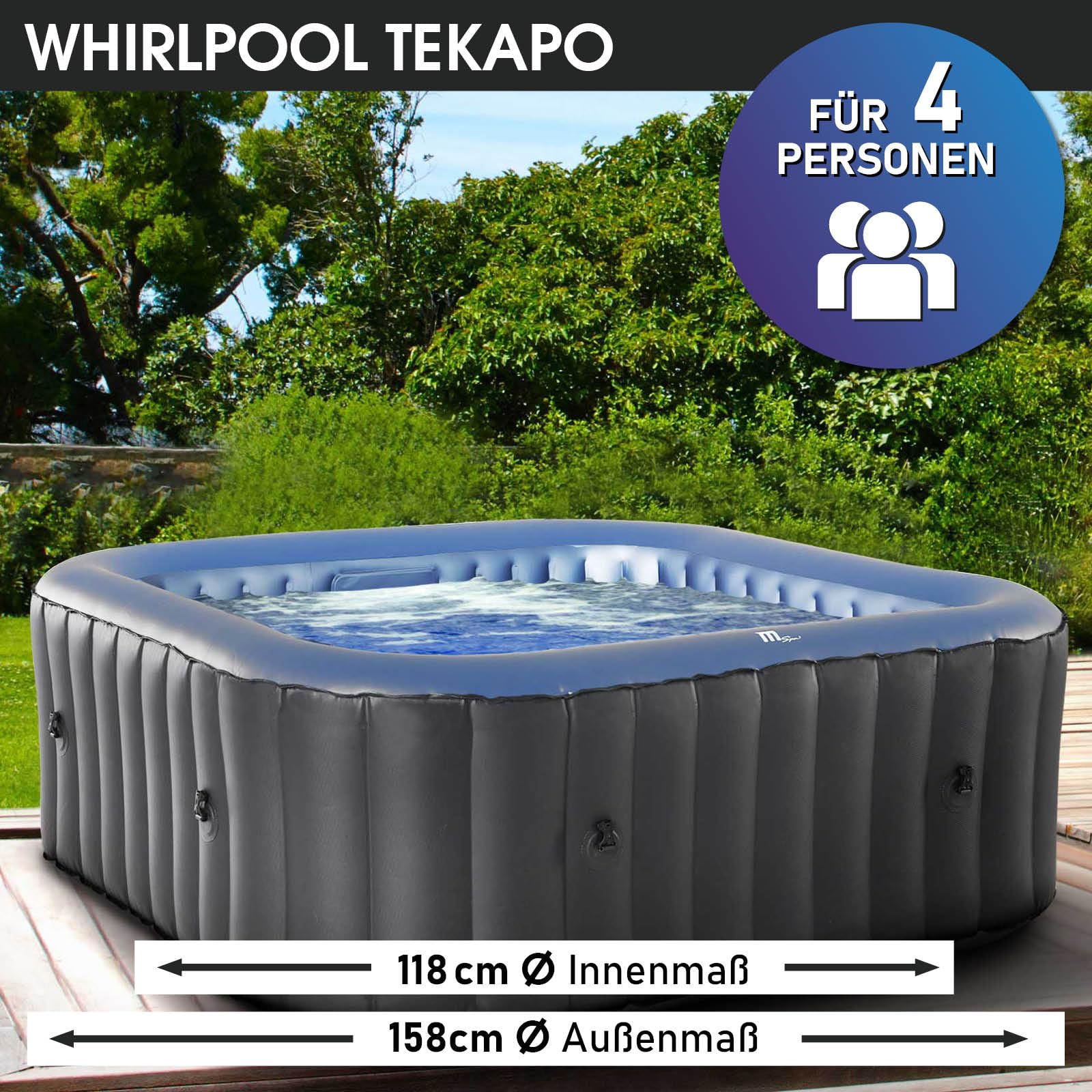 BRAST® Whirlpool MSpa aufblasbar, 4–8 Personen, rund & eckig, Ø125–224cm, bis 144 Düsen, In/Outdoor, Heizung, Abdeckung, Timer, Tekapo4