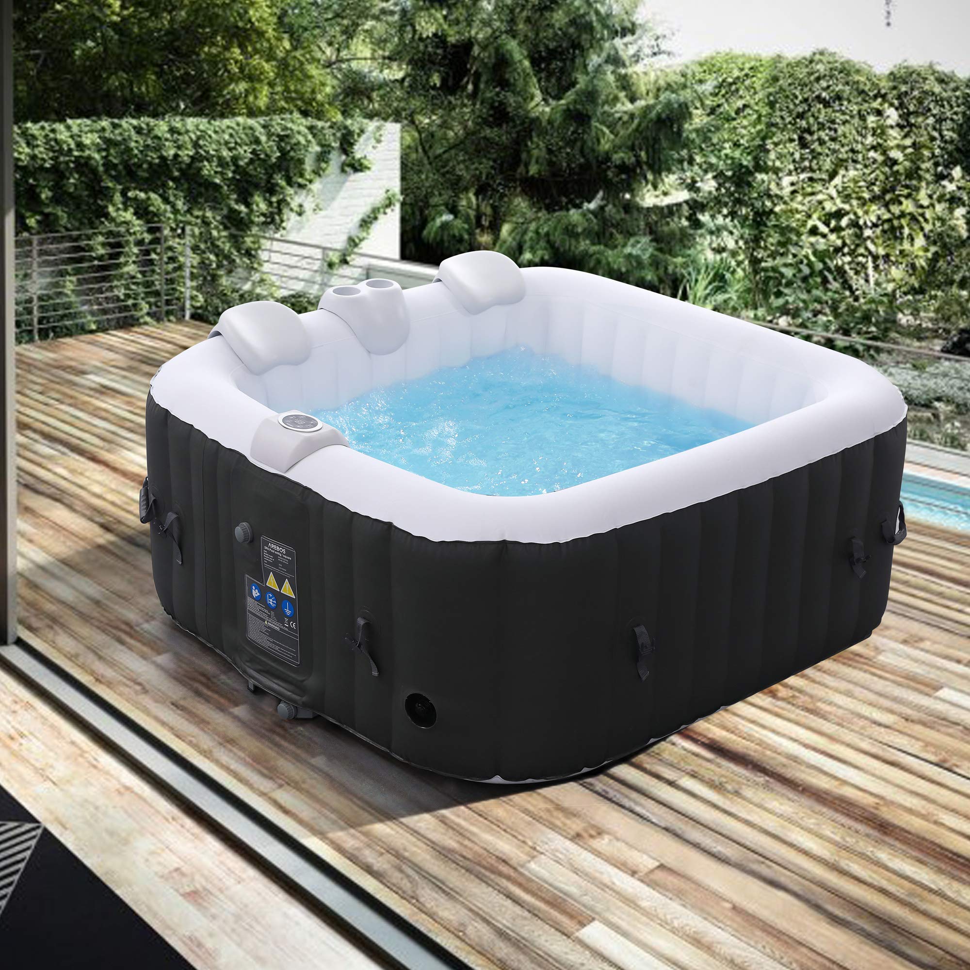 Arebos Aufblasbarer Whirlpool Spa, 4 Personen, 154x154cm, 100 Düsen, 600L, In/Outdoor, Heizung, Wellness Bubble Massage Quadrat