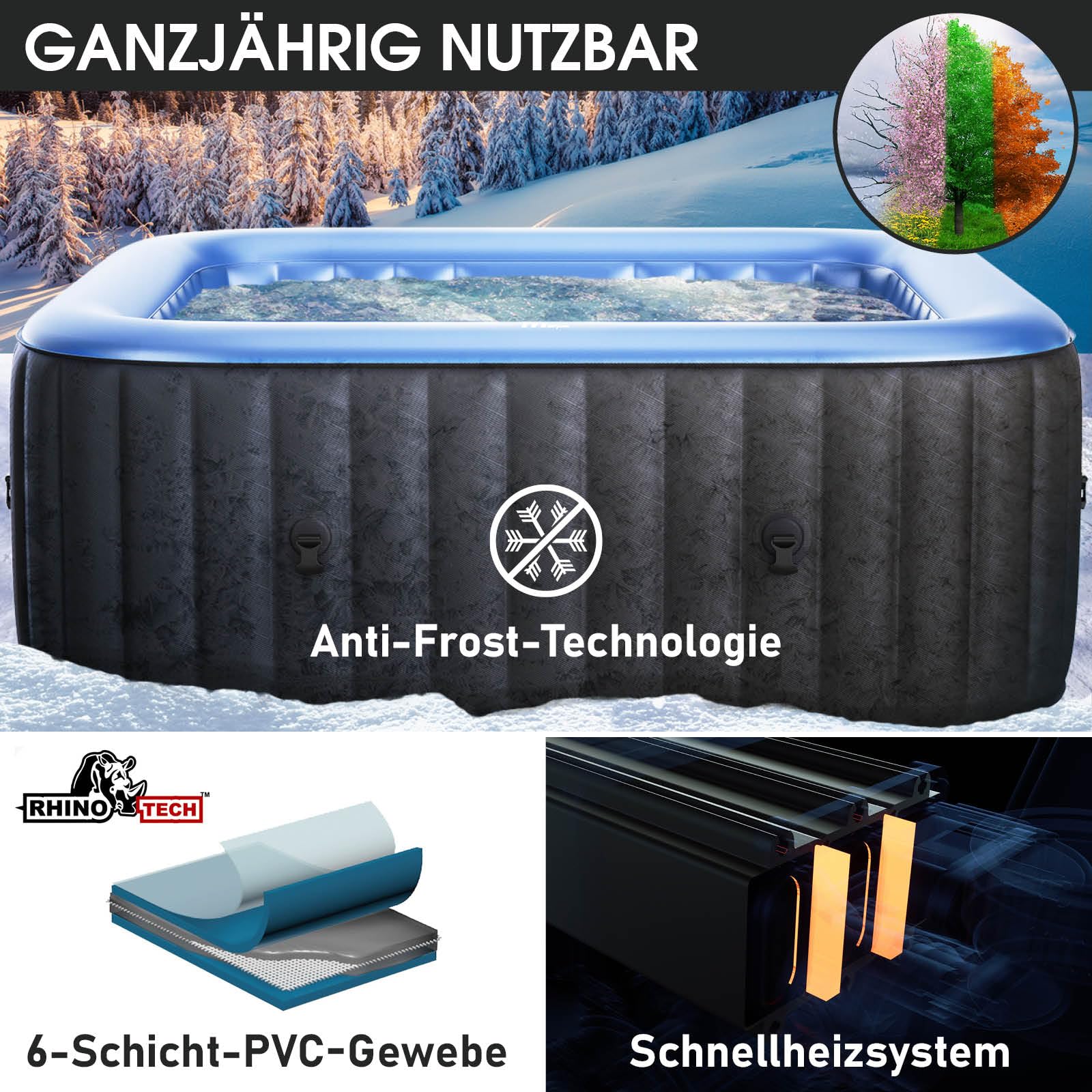 BRAST® Whirlpool MSpa Tekapo 4 Personen, 158x158cm, 108 Massagedüsen, In/Outdoor, Heizung, Aufblasfunktion, Energiespar-Timer