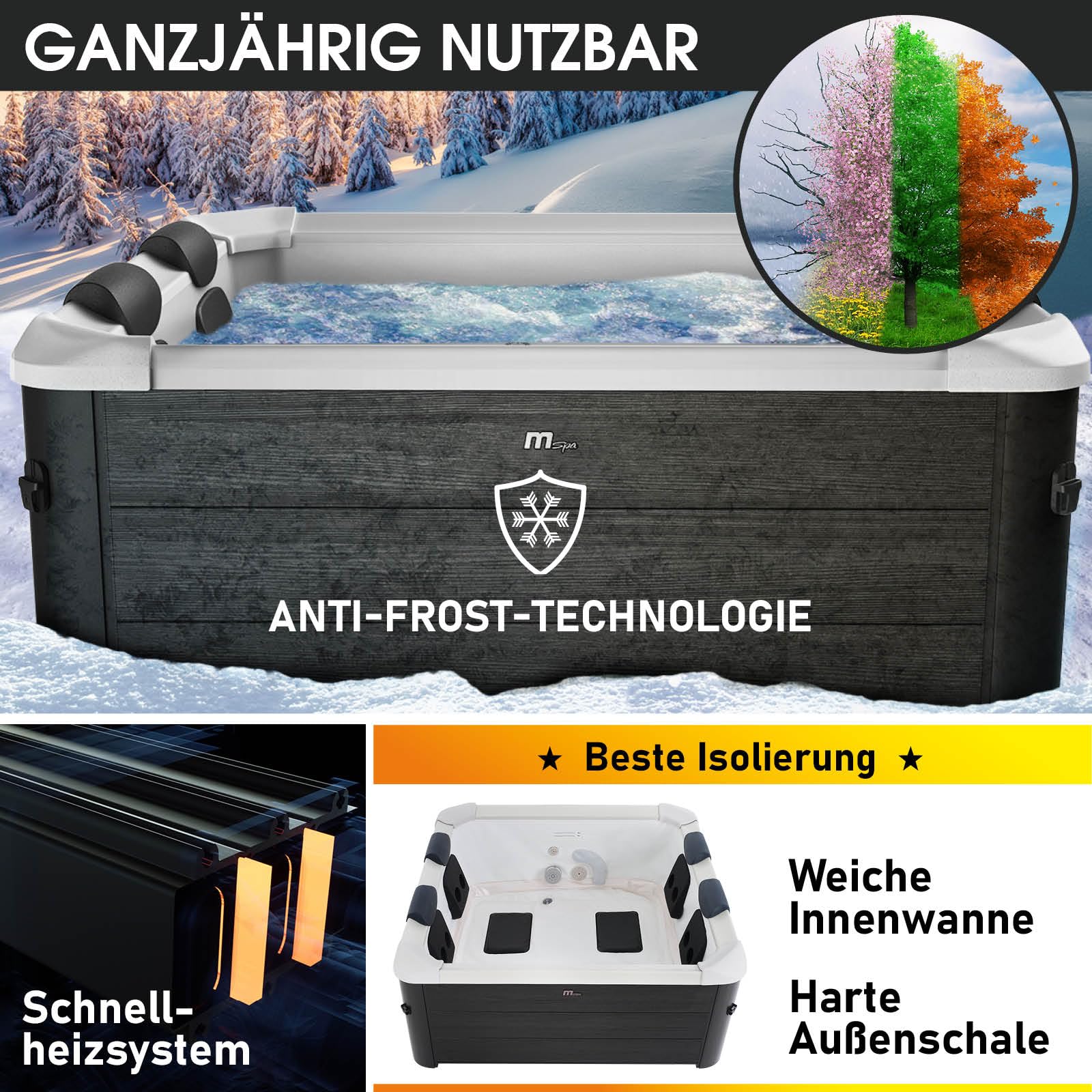 BRAST® Whirlpool MSpa Oslo, feste Außenwand, LED 20 Farben, 6 Personen, 160x160x65cm, 120 Massagedüsen, winterfest, Ganzjahres-Spa