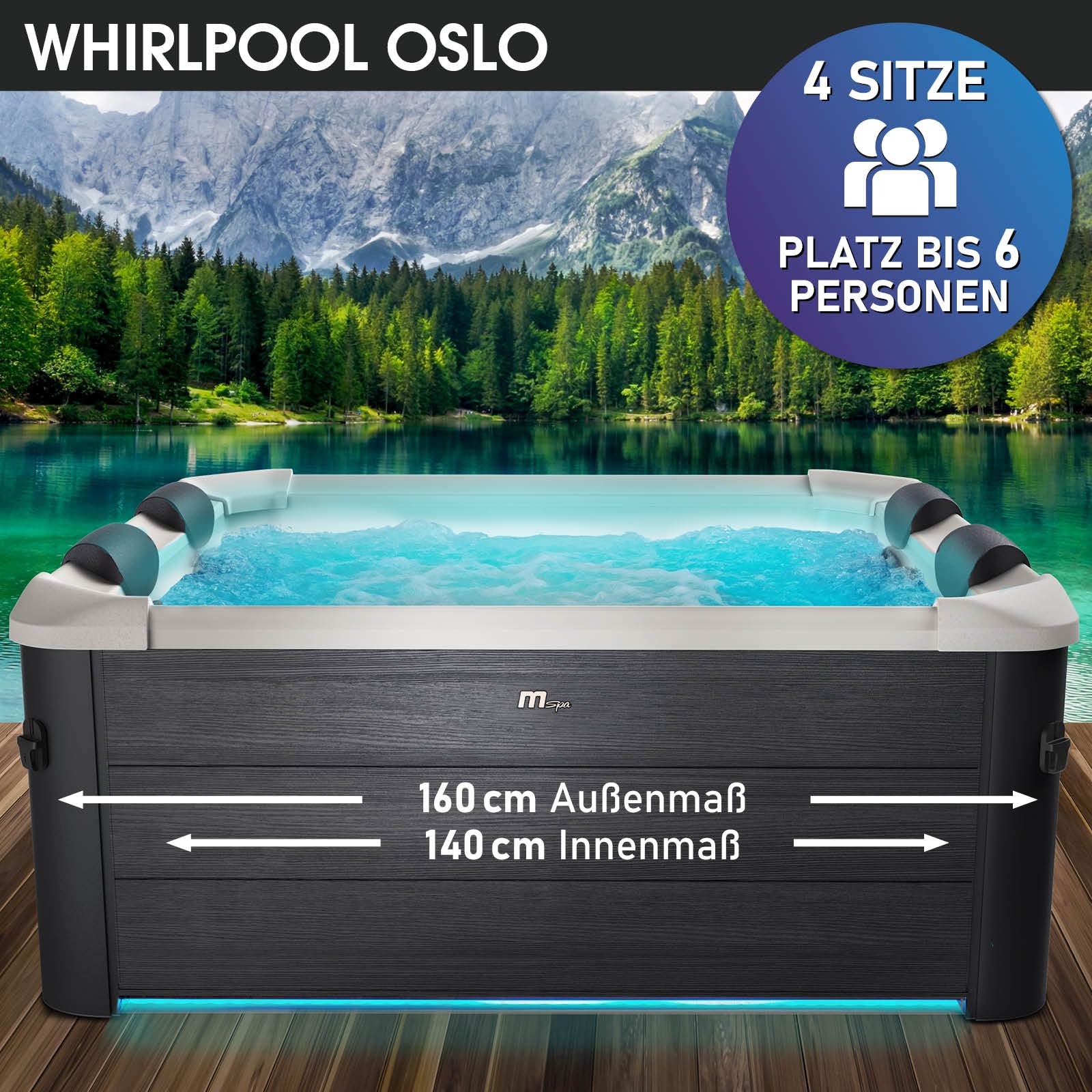 BRAST® Whirlpool MSpa Oslo, feste Außenwand, LED 20 Farben, 6 Personen, 160x160x65cm, 120 Massagedüsen, winterfest, Ganzjahres-Spa