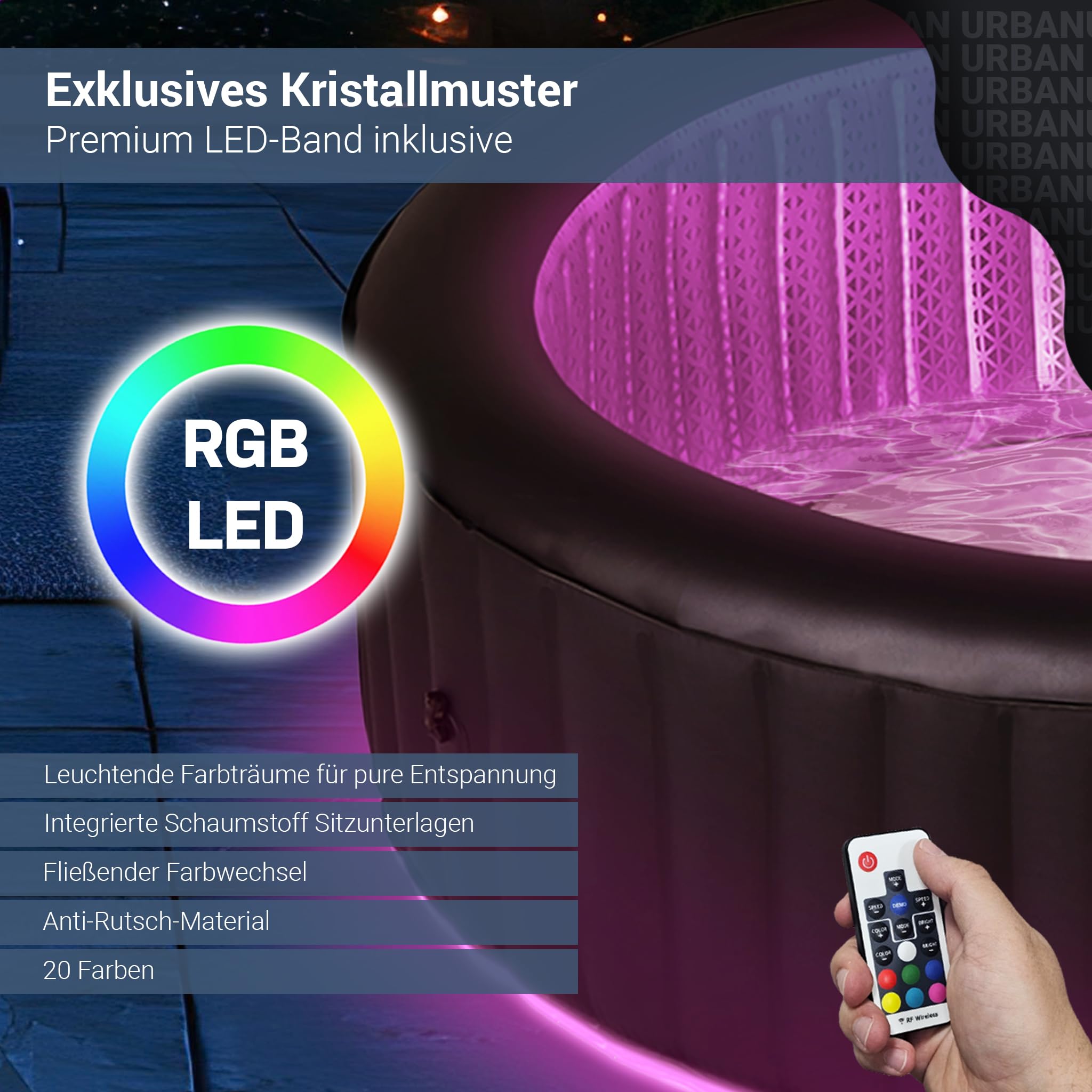 Miweba MSpa Aurora Whirlpool 6 Personen, ร204cm, LED-Beleuchtung, UVC+ Reinigung, Fernbedienung, In/Outdoor Aufstellpool, Hot Tub