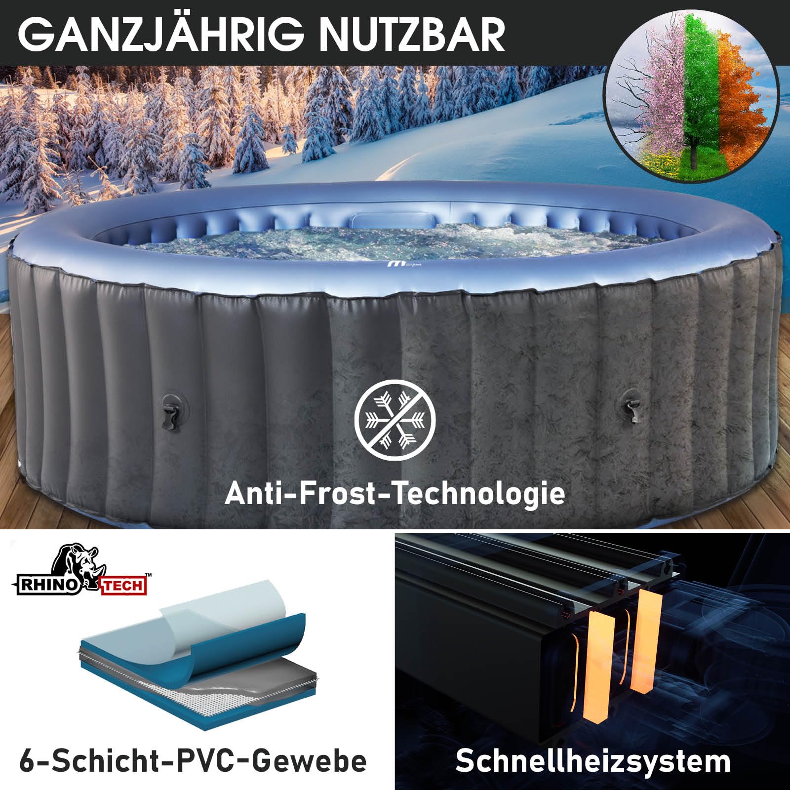 BRAST® Whirlpool MSpa Bergen, aufblasbar, 4–8 Personen, Ø180–224cm, bis 144 Düsen, winterfest, In/Outdoor, Heizung & Energiespar-Timer