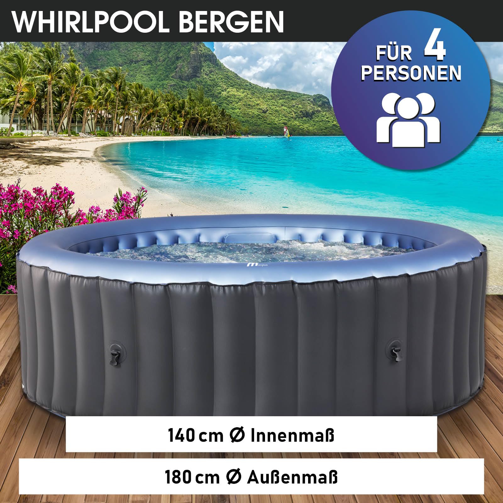BRAST® Whirlpool MSpa Bergen, aufblasbar, 4–8 Personen, Ø180–224cm, bis 144 Düsen, winterfest, In/Outdoor, Heizung & Energiespar-Timer