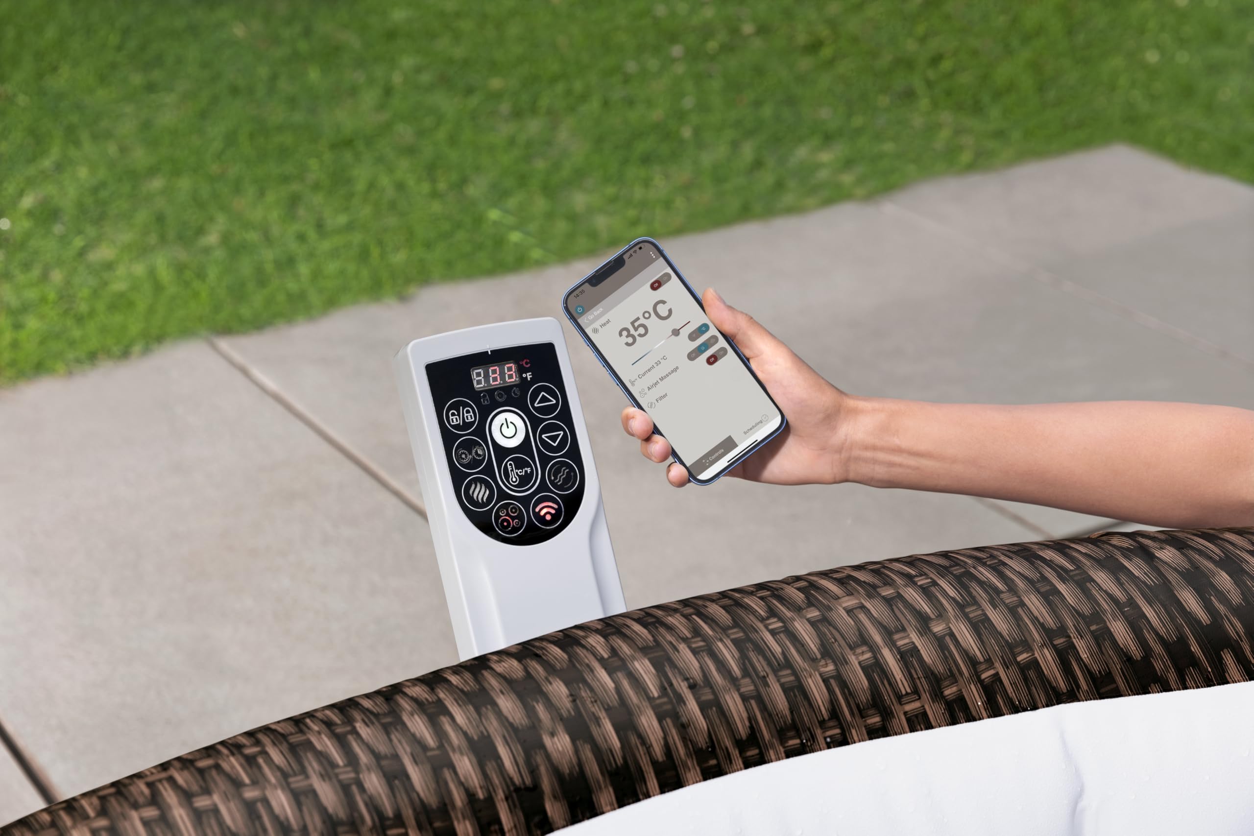 Bestway® Lay-Z-SPA® Bali AirJet™ Energiespar-Whirlpool, App-Steuerung, UltraFit™ Pumpe, Ø216x71cm, 7 Personen, Rattan Schokobraun