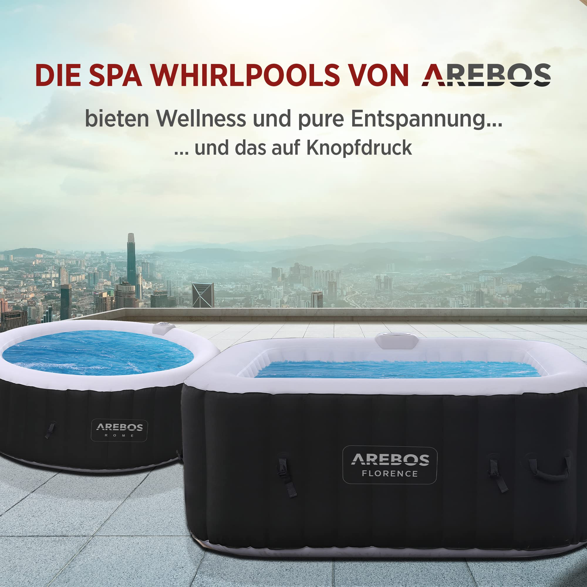 Arebos Aufblasbarer Whirlpool Spa, 4 Personen, 154x154cm, 100 Düsen, 600L, In/Outdoor, Heizung, Wellness Bubble Massage Quadrat