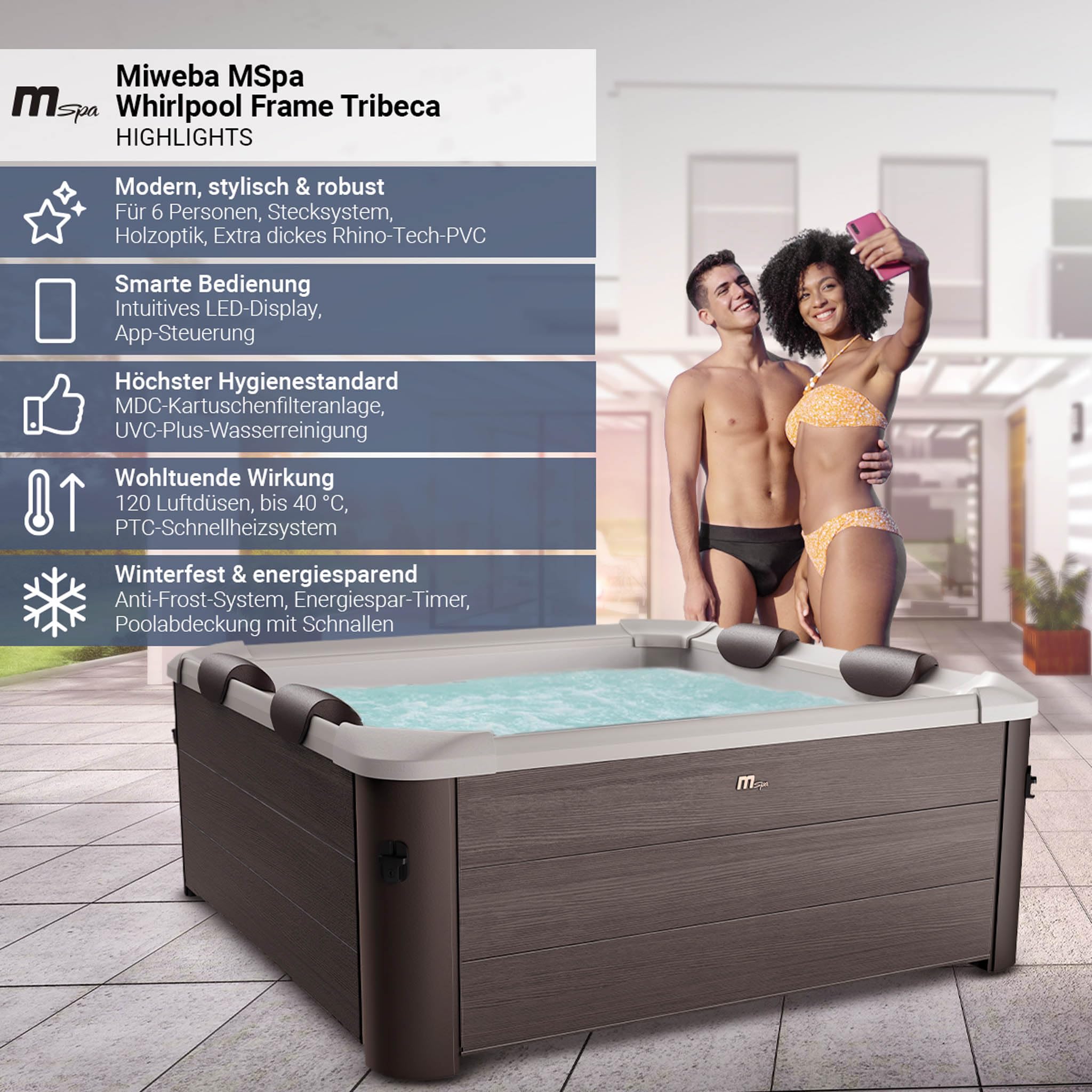 Miweba Whirlpool MSpa Tribeca, feste Außenwand, 6 Personen, 160x160x65cm, 120 Düsen, App-Steuerung, winterfest, In/Outdoor Aufstellpool