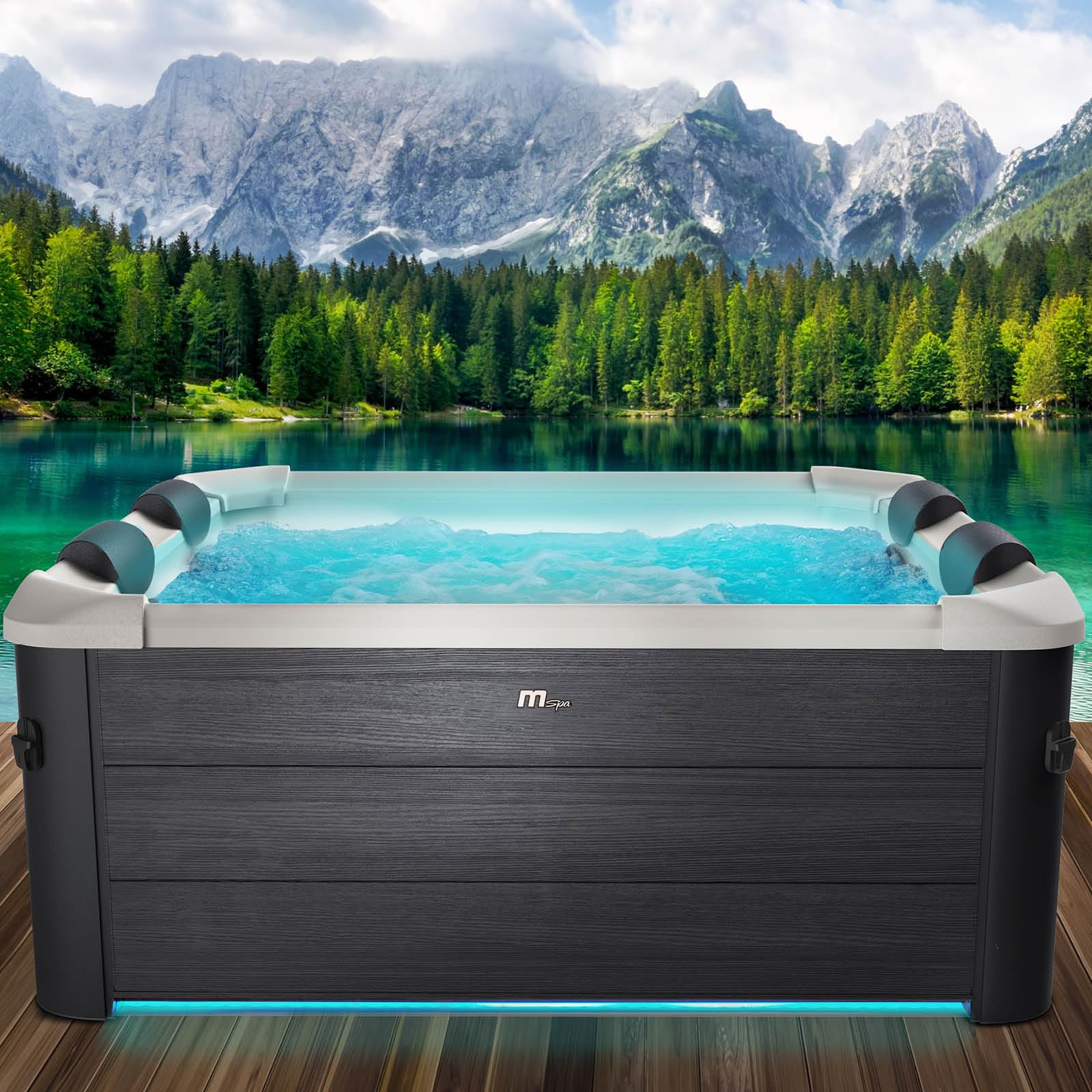 BRAST® Whirlpool MSpa Oslo, feste Außenwand, LED 20 Farben, 6 Personen, 160x160x65cm, 120 Massagedüsen, winterfest, Ganzjahres-Spa