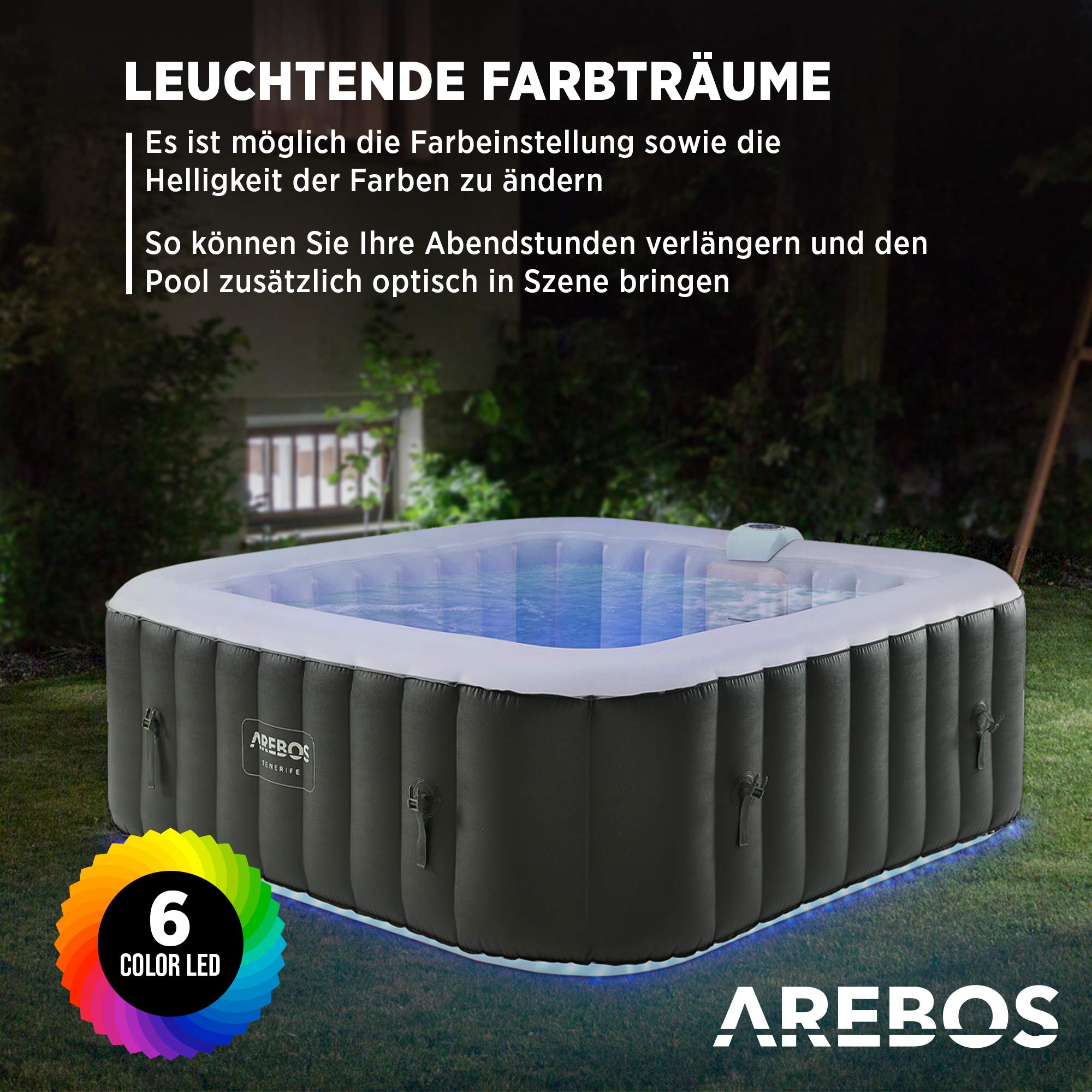 Arebos Whirlpool Spa 2400W, aufblasbar, 6 Personen, 185x185cm, 130 Düsen, LED, Heizung, 910L, In/Outdoor, inkl. Abdeckung, Wellness