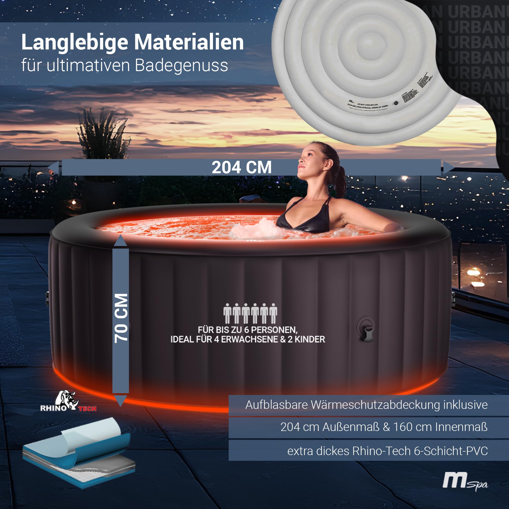 Miweba MSpa Aurora Whirlpool 6 Personen, ร204cm, LED-Beleuchtung, UVC+ Reinigung, Fernbedienung, In/Outdoor Aufstellpool, Hot Tub