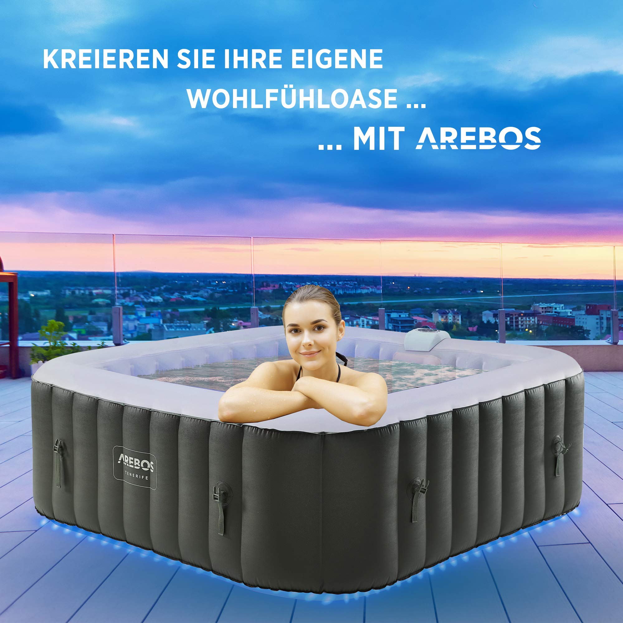 Arebos Whirlpool Spa 2400W, aufblasbar, 6 Personen, 185x185cm, 130 Düsen, LED, Heizung, 910L, In/Outdoor, inkl. Abdeckung, Wellness