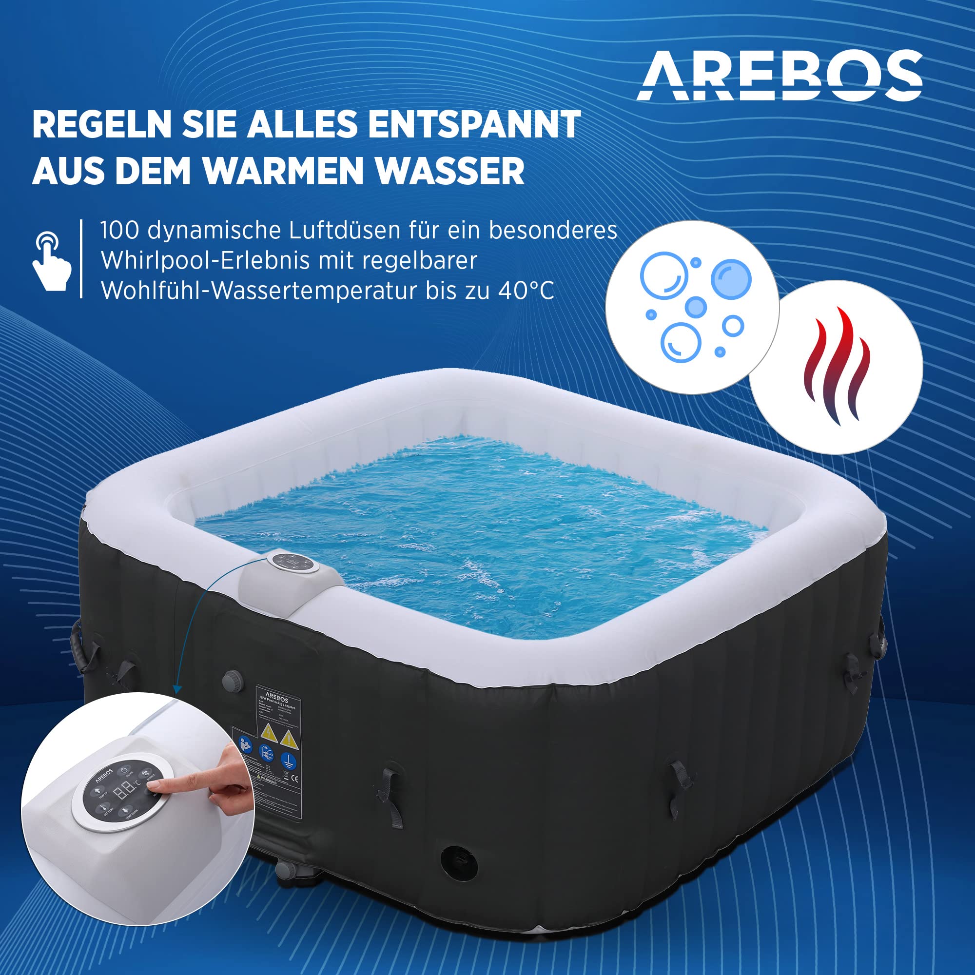Arebos Aufblasbarer Whirlpool Spa, 4 Personen, 154x154cm, 100 Düsen, 600L, In/Outdoor, Heizung, Wellness Bubble Massage Quadrat