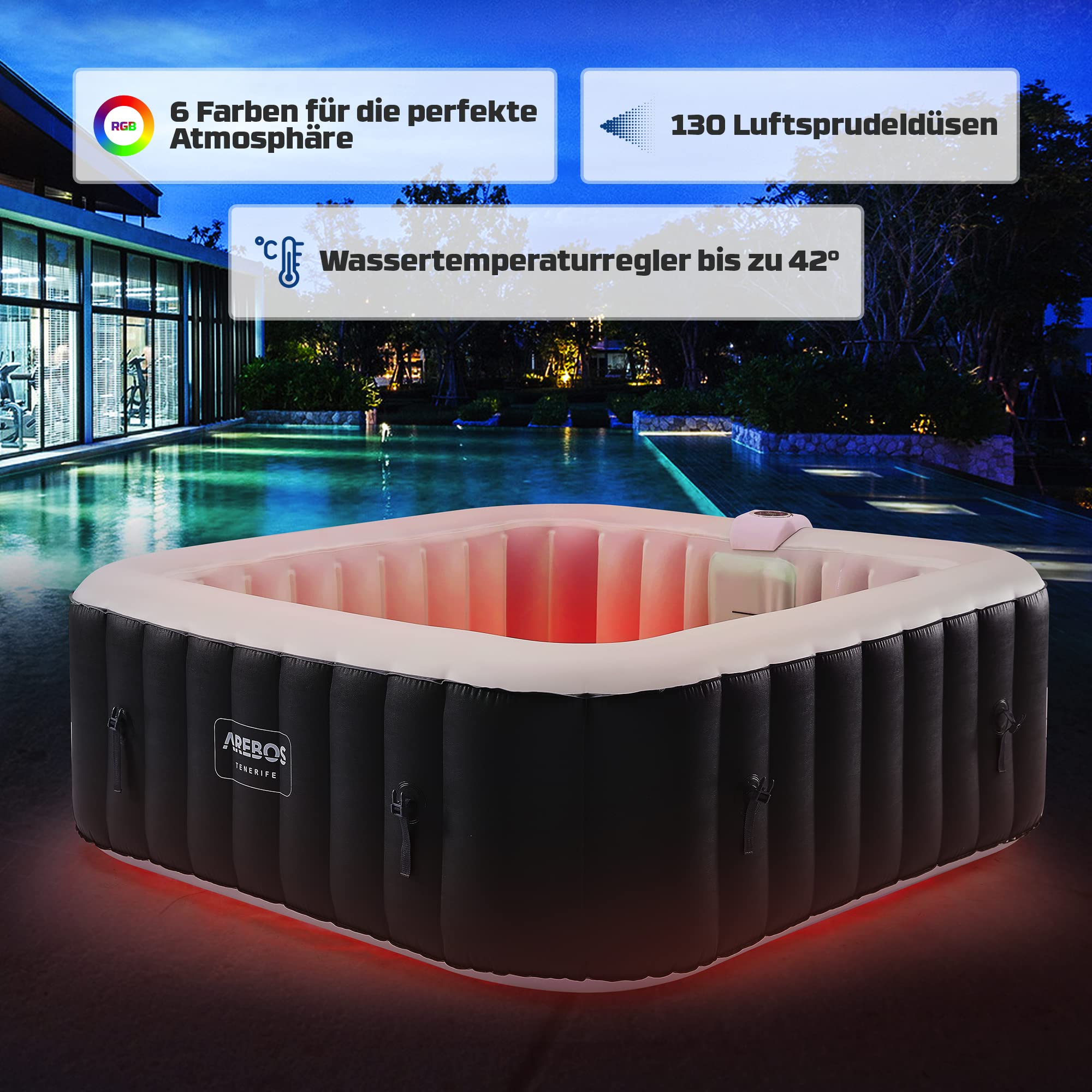 Arebos Whirlpool Spa 2400W, aufblasbar, 6 Personen, 185x185cm, 130 Düsen, LED, Heizung, 910L, In/Outdoor, inkl. Abdeckung, Wellness