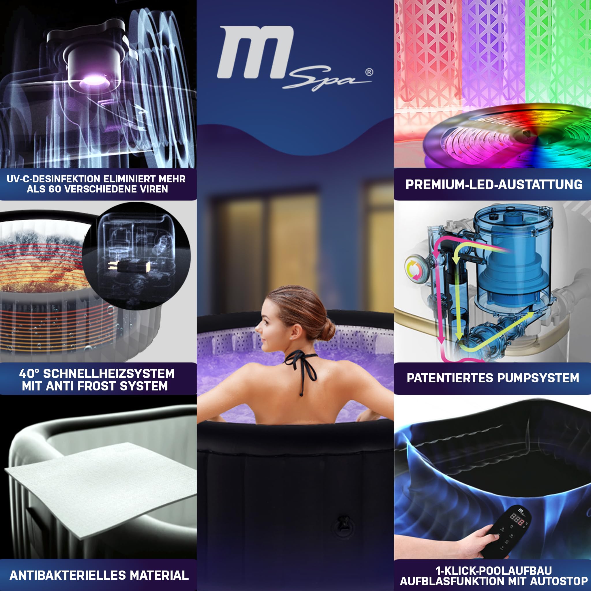 Miweba MSpa Aurora Whirlpool 6 Personen, ร204cm, LED-Beleuchtung, UVC+ Reinigung, Fernbedienung, In/Outdoor Aufstellpool, Hot Tub