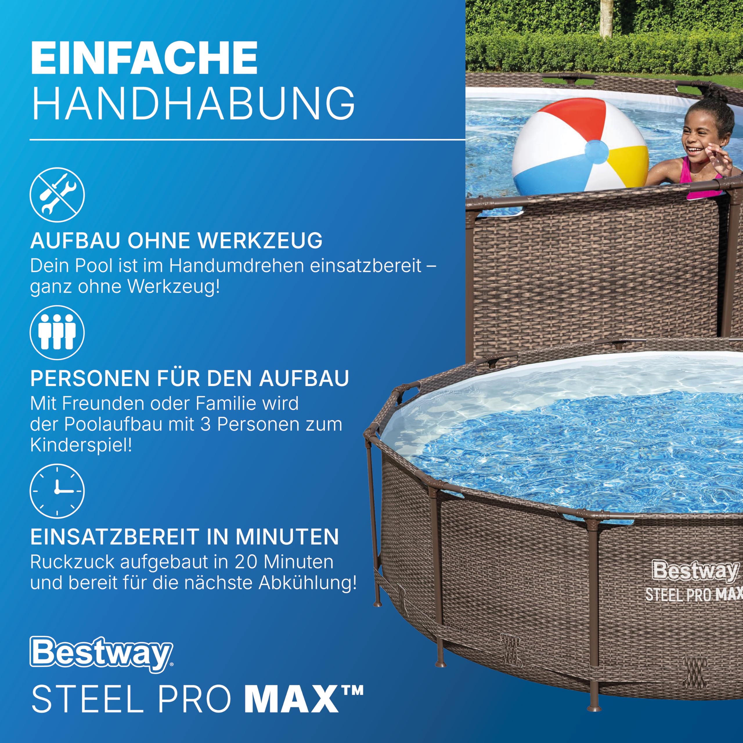 Bestway Steel Pro MAX Solo Pool ohne Zubehör 366 x 100 cm, Rattan-Optik (Schokobraun), rund