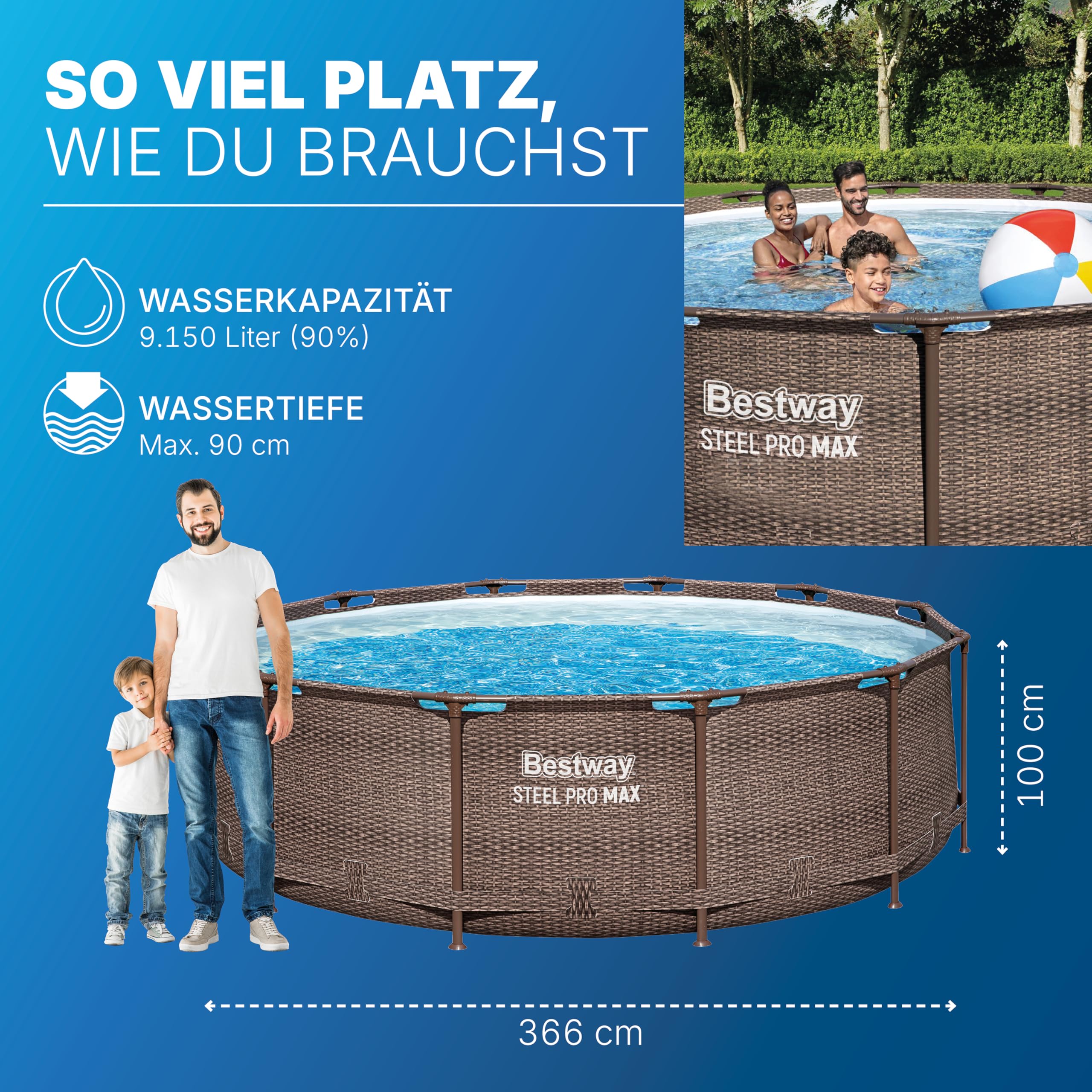 Bestway Steel Pro MAX Solo Pool ohne Zubehör 366 x 100 cm, Rattan-Optik (Schokobraun), rund