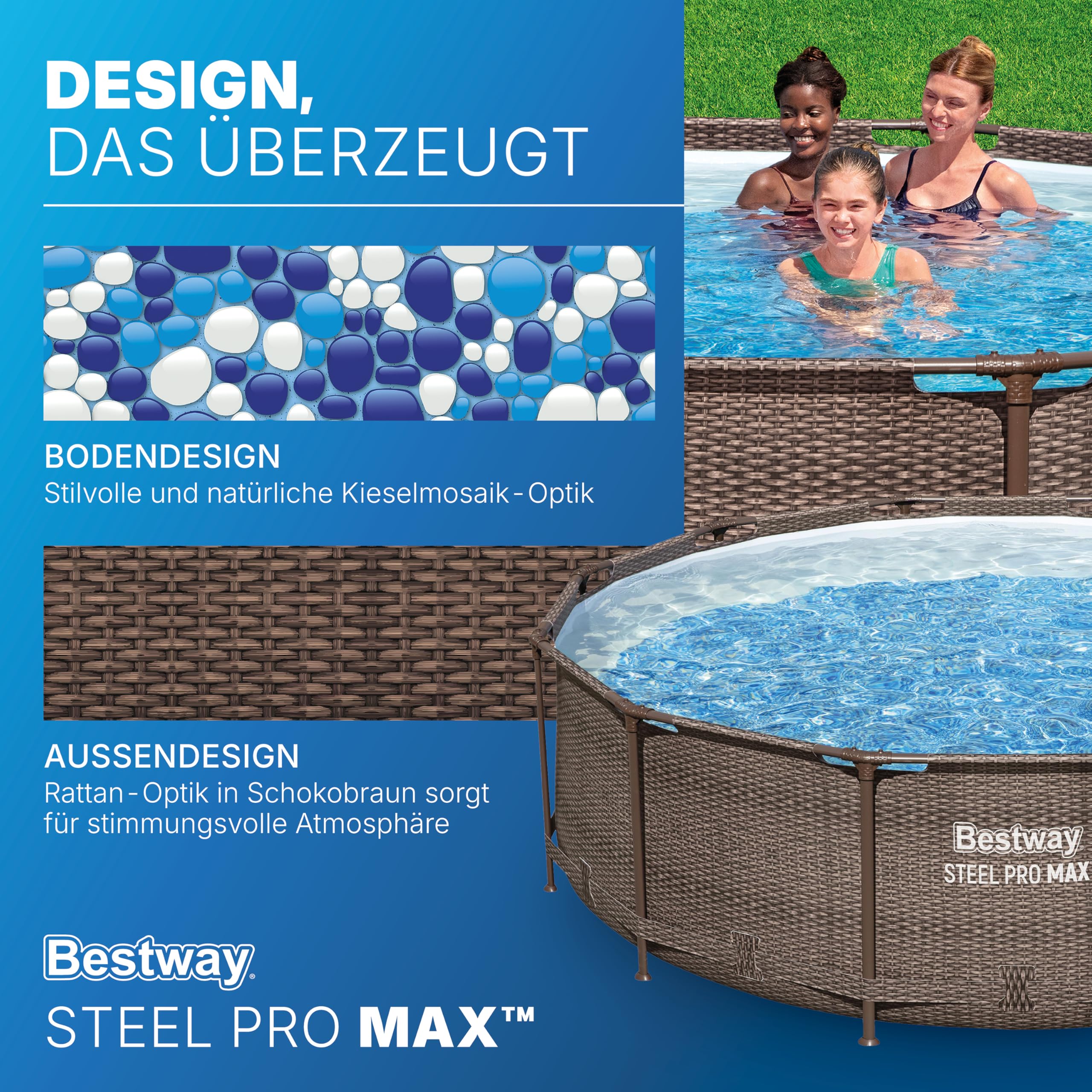 Bestway Steel Pro MAX Solo Pool ohne Zubehör 366 x 100 cm, Rattan-Optik (Schokobraun), rund