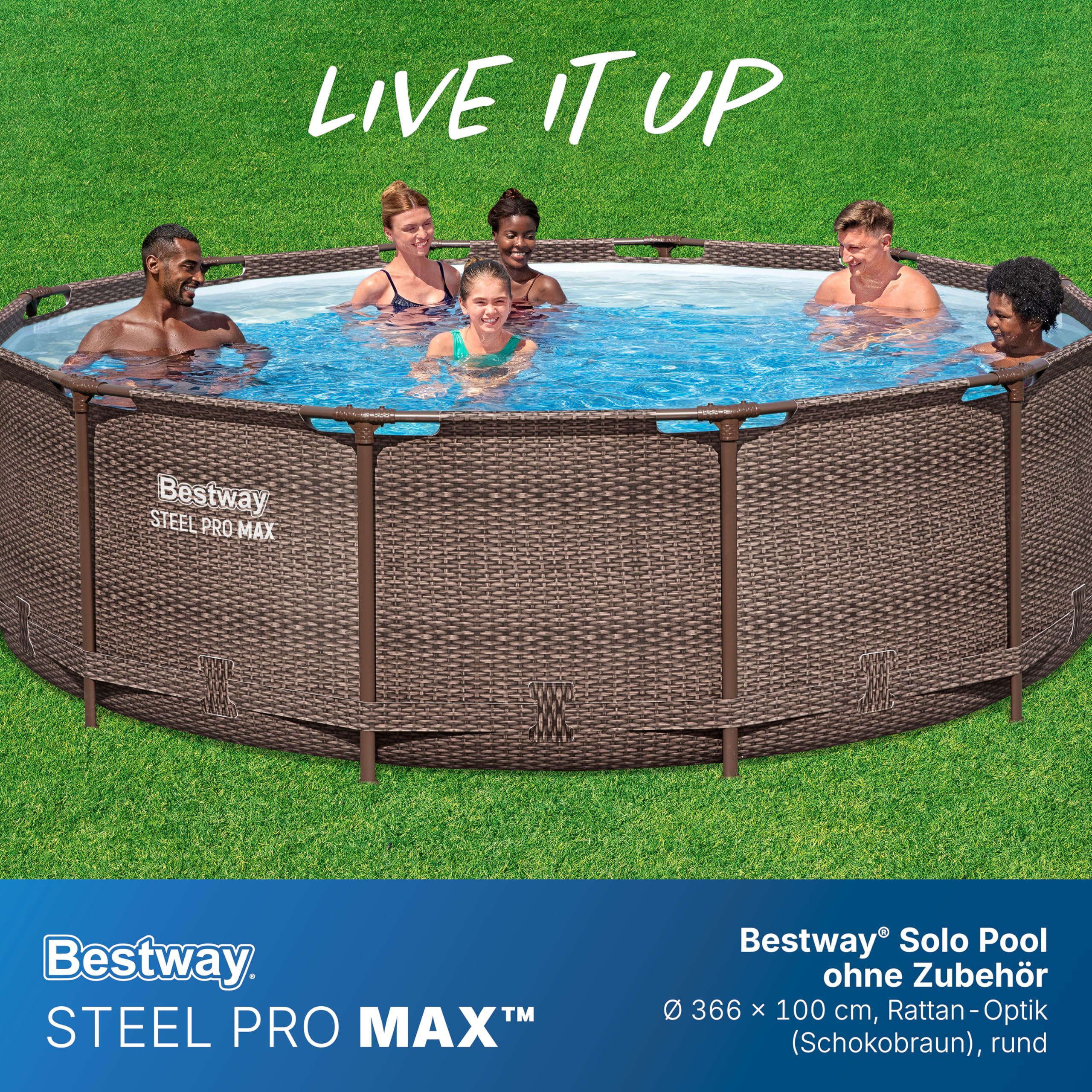 Bestway Steel Pro MAX Solo Pool ohne Zubehör 366 x 100 cm, Rattan-Optik (Schokobraun), rund